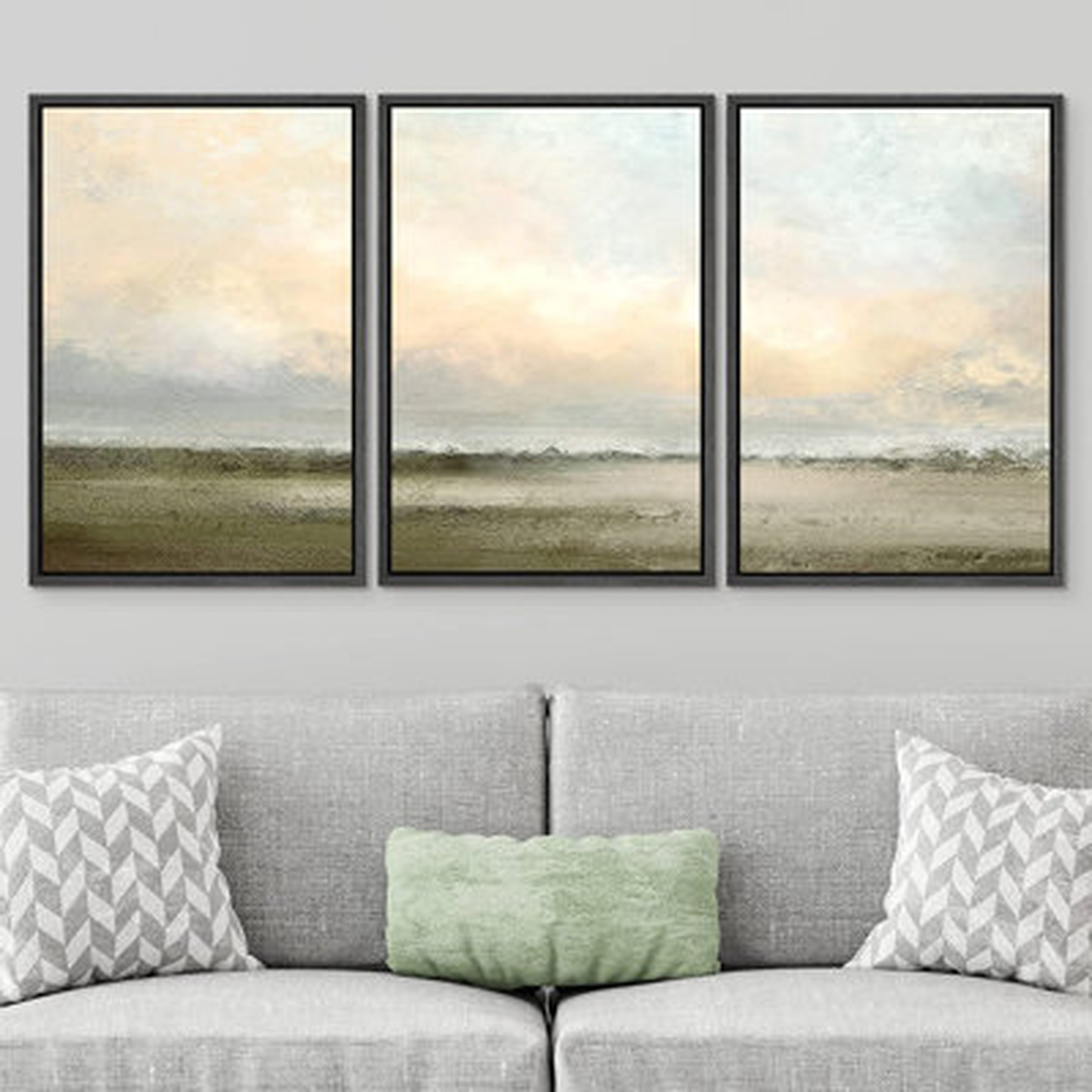 Pastel Green Sunset Abstract Nature Landscape Minimal Neutral Framed Canvas Print Wall Art Set 3 - Wayfair