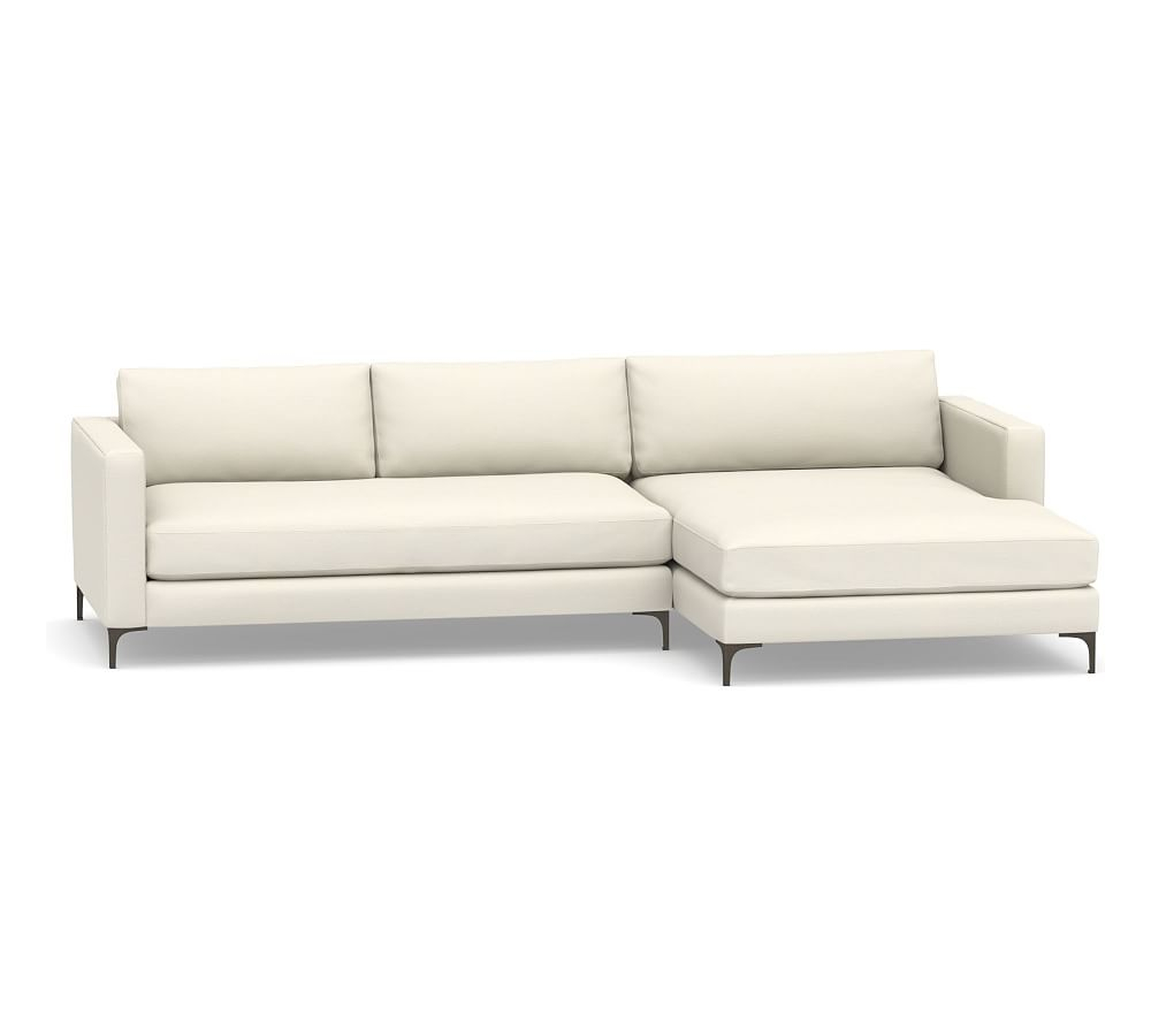 Jake Upholstered Left Arm 2-Piece Sectional with Double Chaise with Bronze Legs, Polyester Wrapped Cushions, Textured Twill Ivory - Pottery Barn