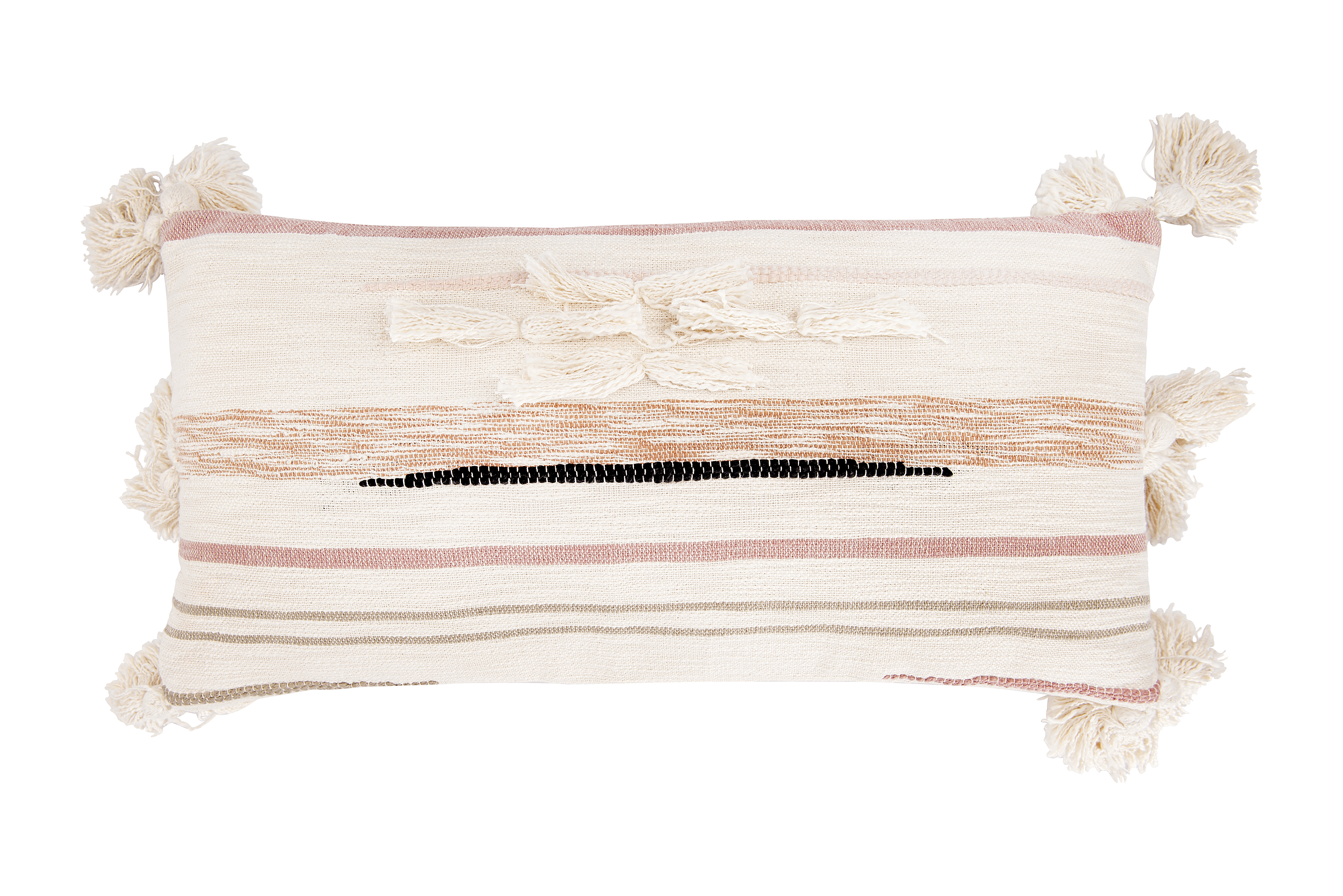 Cream Cotton Kilim Lumbar Pillow with Brown, Pink & Black Stripes & Tassels - Nomad Home