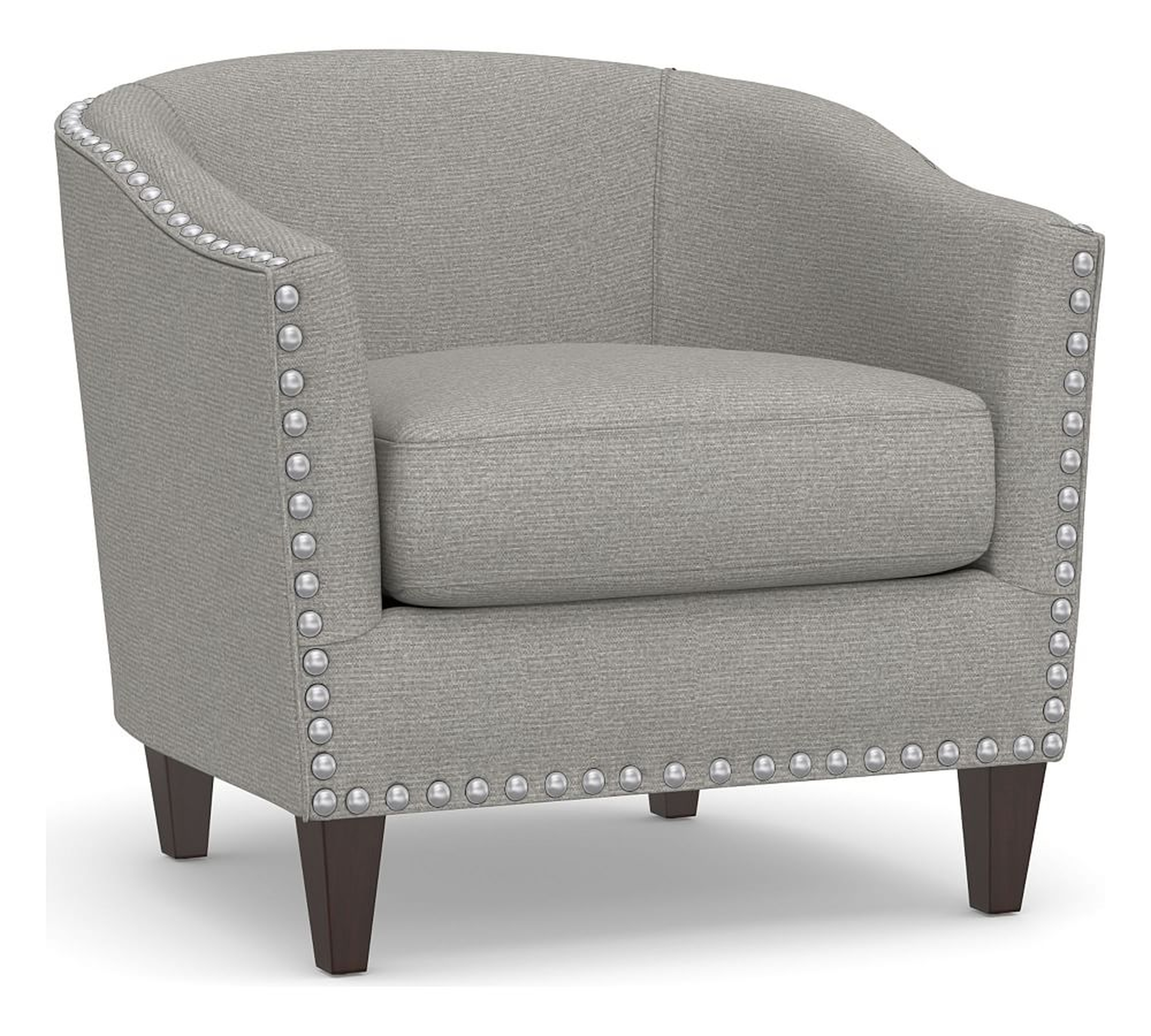 Harlow Upholstered Armchair with Polished Nickel Nailheads, Polyester Wrapped Cushions, Performance Heathered Basketweave Platinum - Pottery Barn