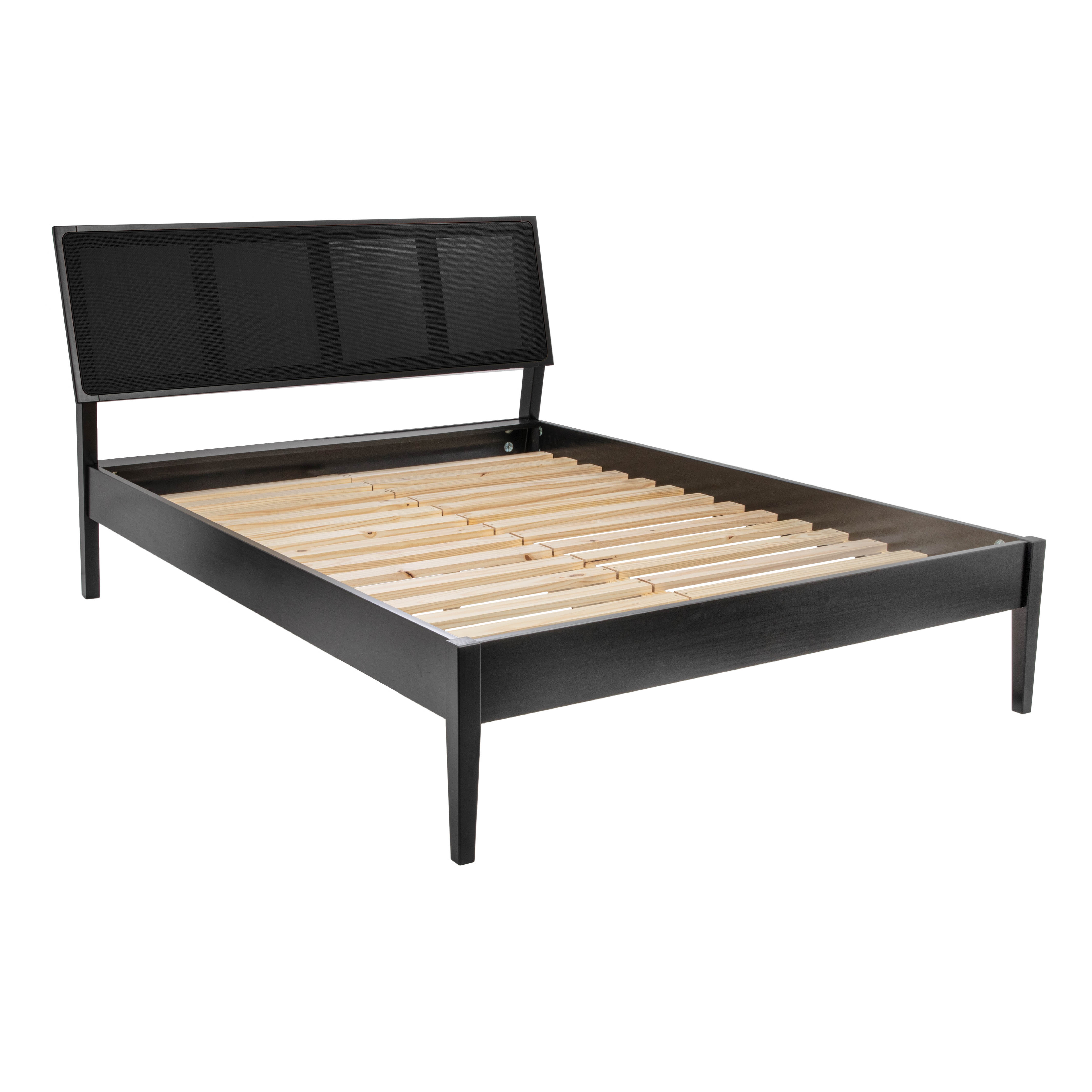 Crawford Modern Solid Wood Bed with Black Woven Cane Headboard, Black Stain Finish, Queen - Creative Co-Op