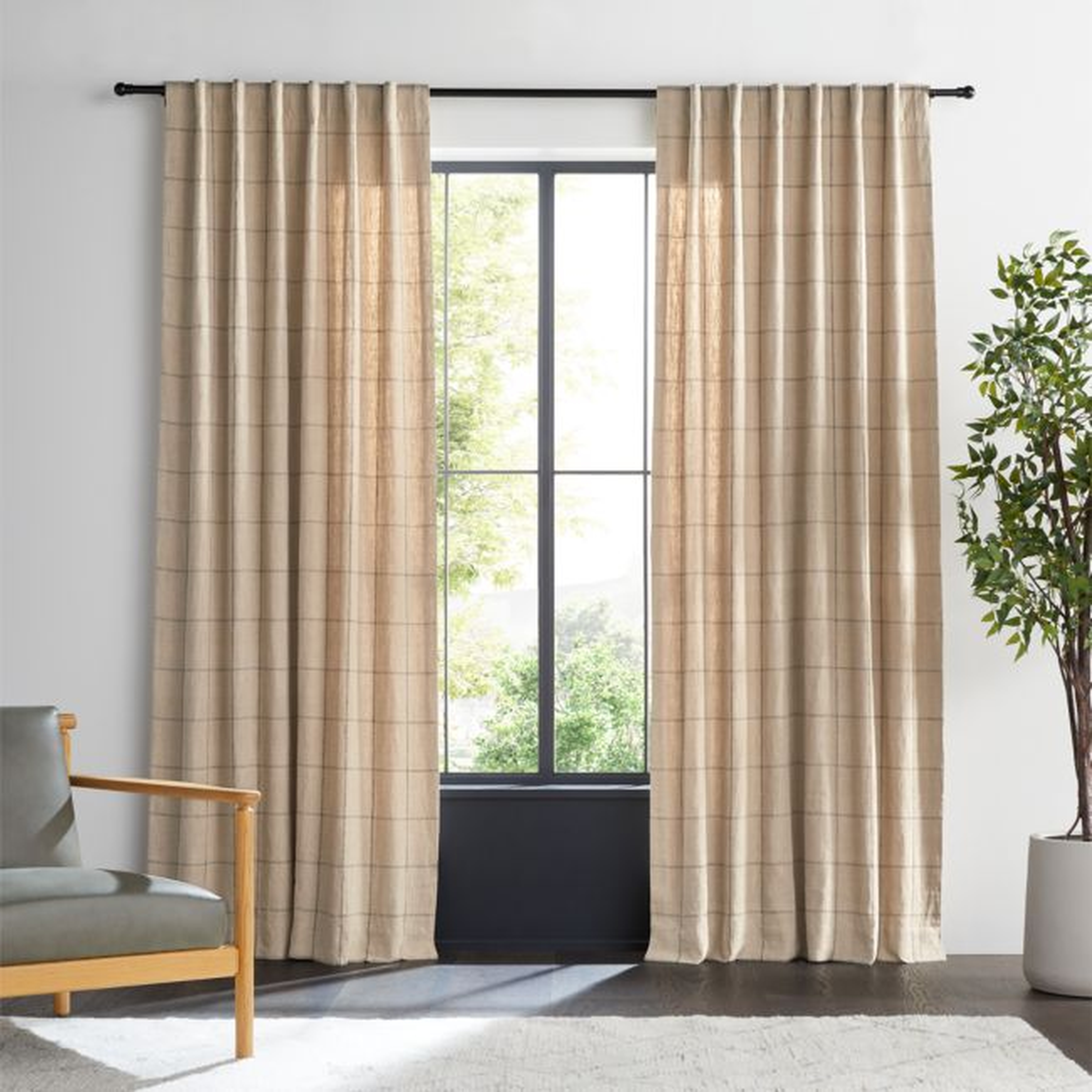 Warm Beige & Storm Grey Linen Double Pinstripe Grid Window Curtain Panel 52"x96" - Crate and Barrel