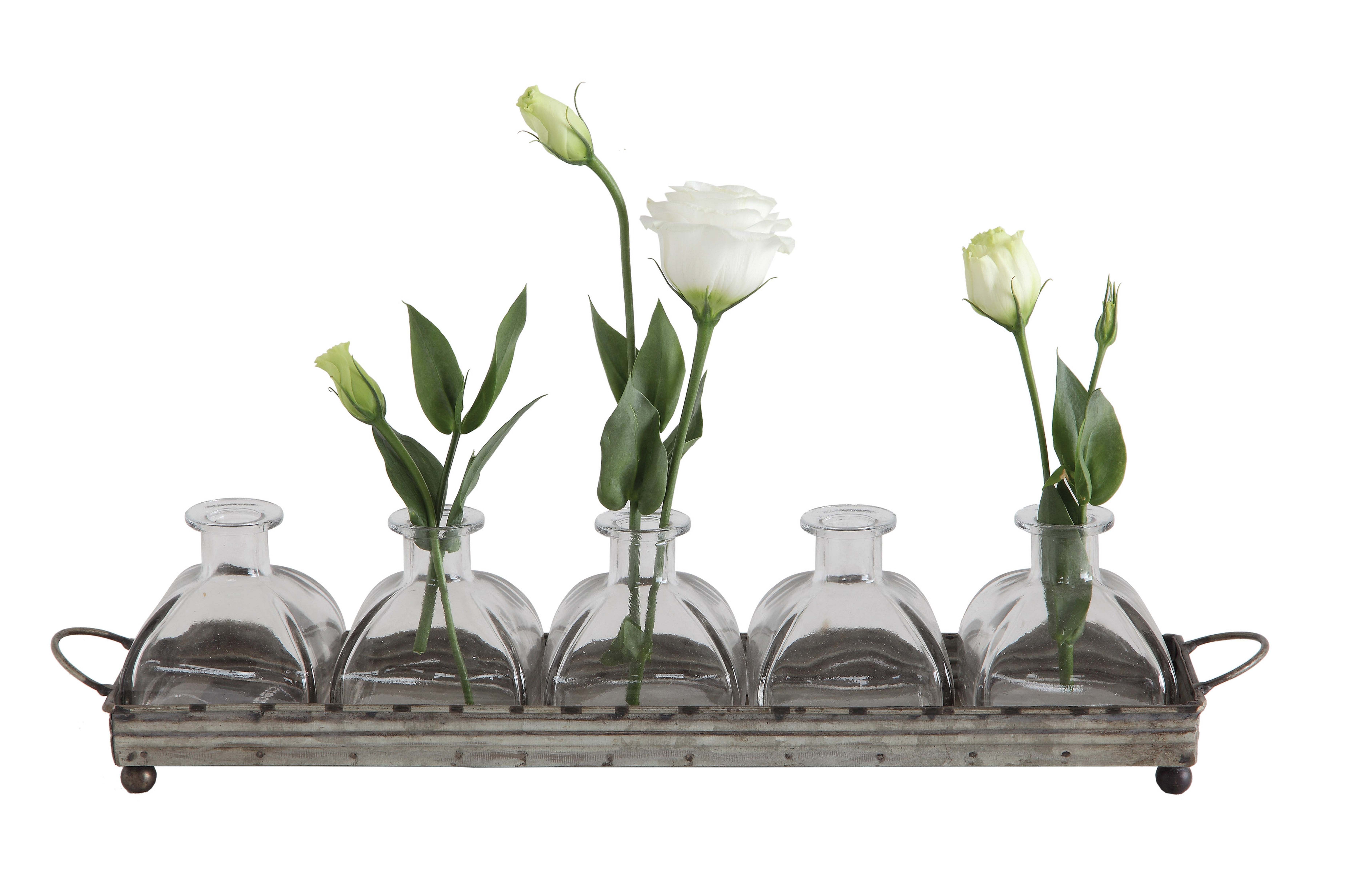 Decorative Iron Rectangle Tray with Handles & 5 Glass Vases (Set of 6 Pieces) - Creative Co-Op