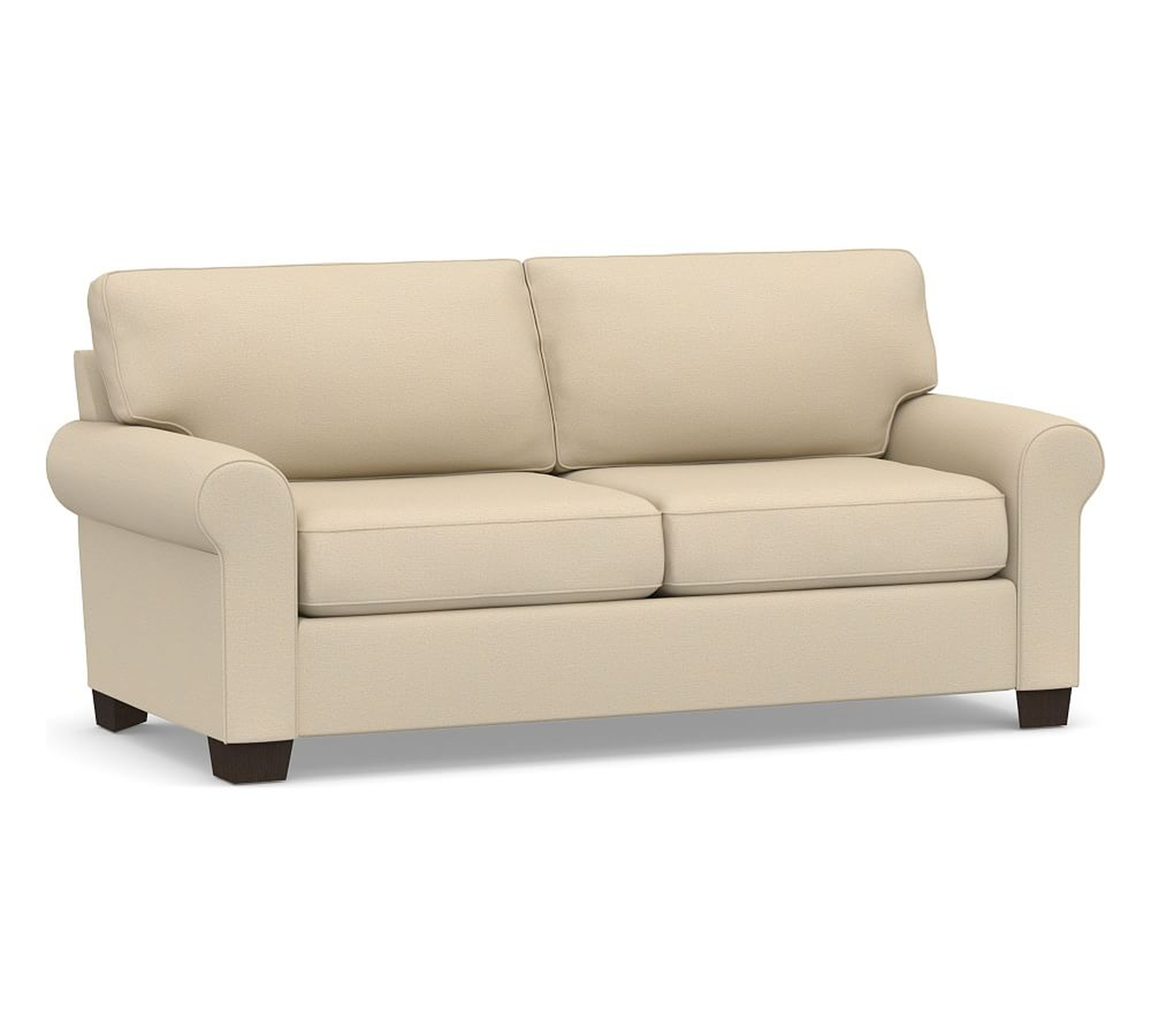 Buchanan Roll Arm Upholstered Loveseat 79", Polyester Wrapped Cushions, Park Weave Oatmeal - Pottery Barn