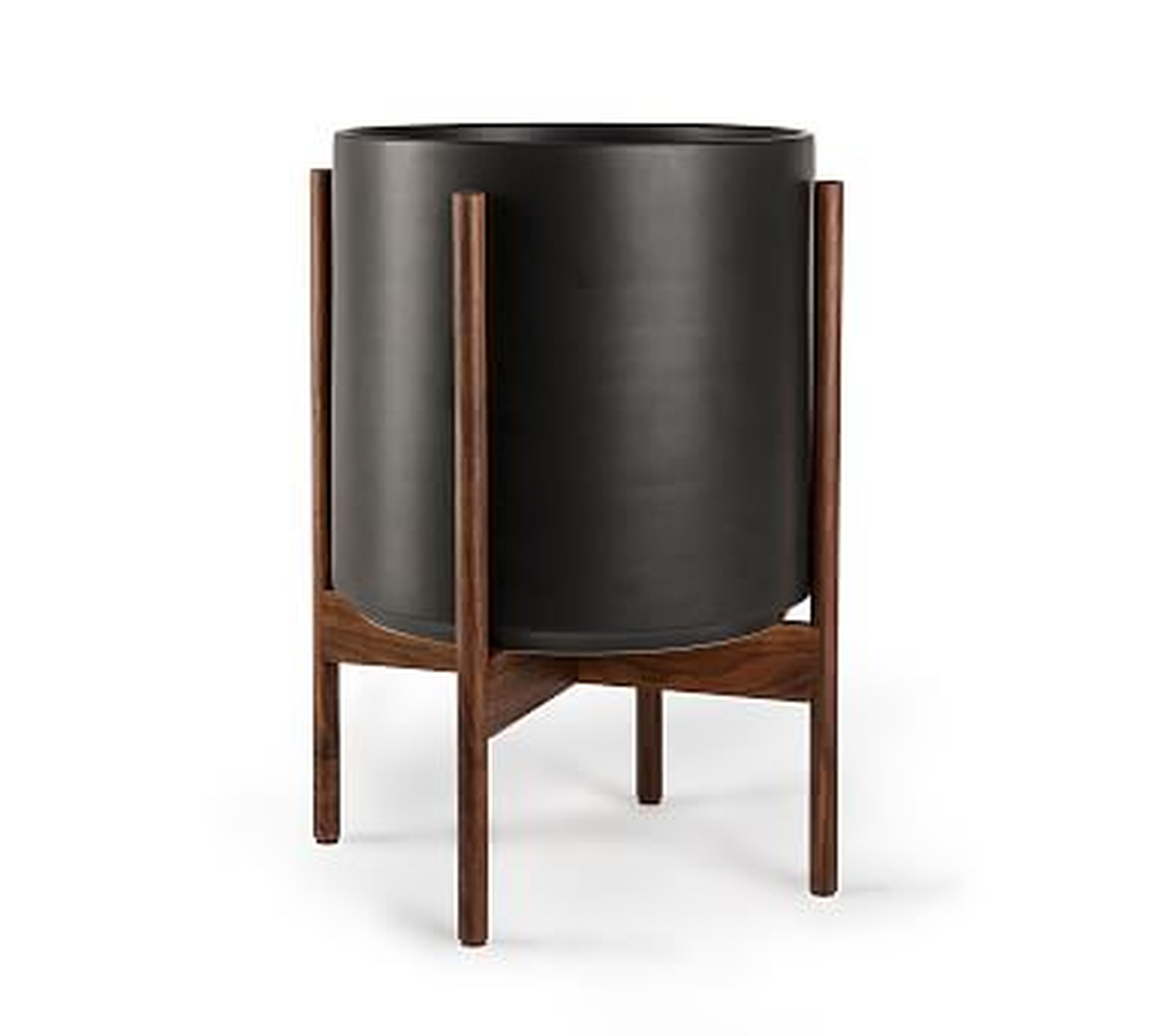 Modern Ceramic Planters with Wooden Stand, Black - Medium - Pottery Barn