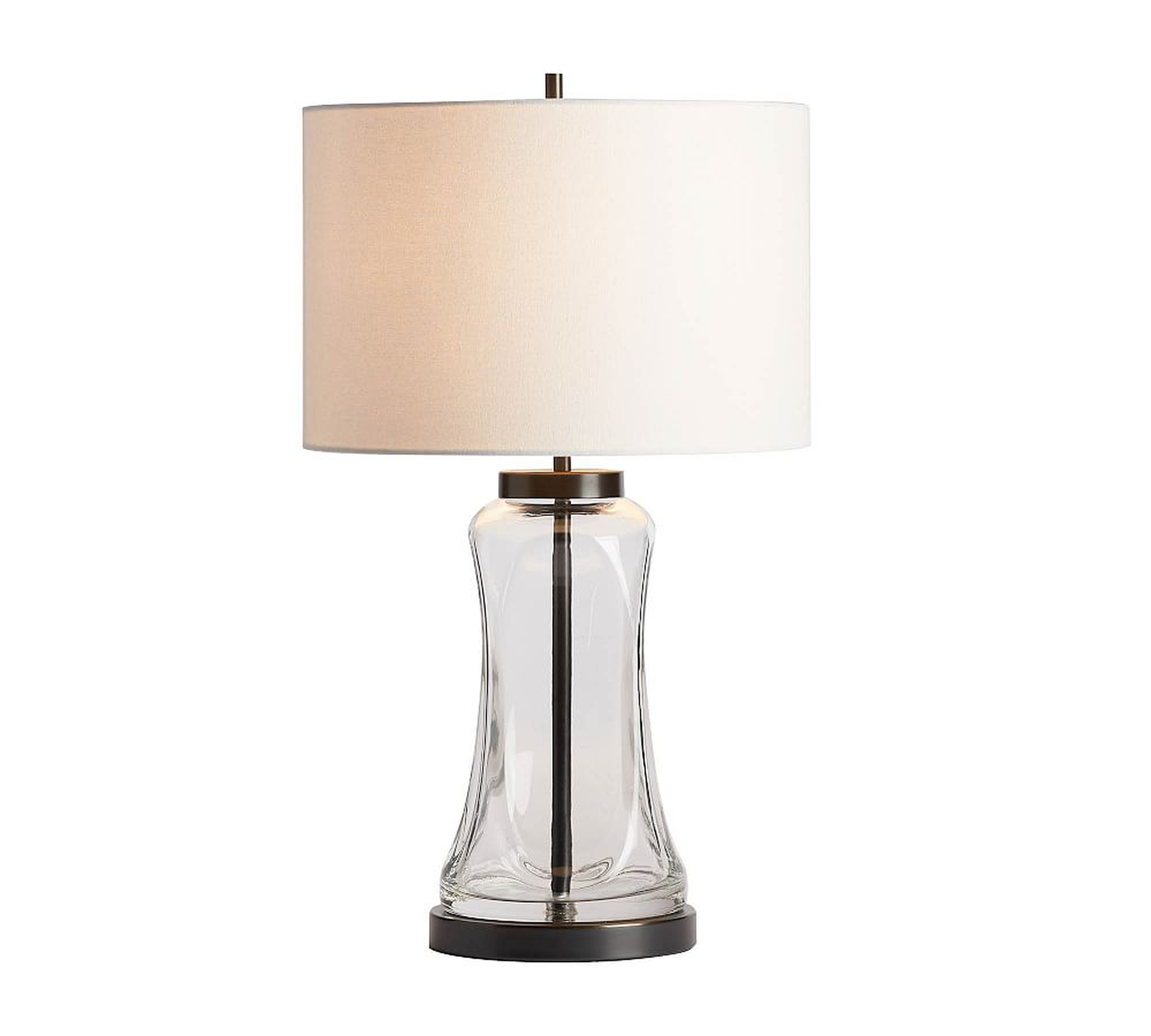 Berkeley USB Table Lamp, 25", Bronze & Clear Glass Base With Medium Gallery SS Shade, White - Pottery Barn