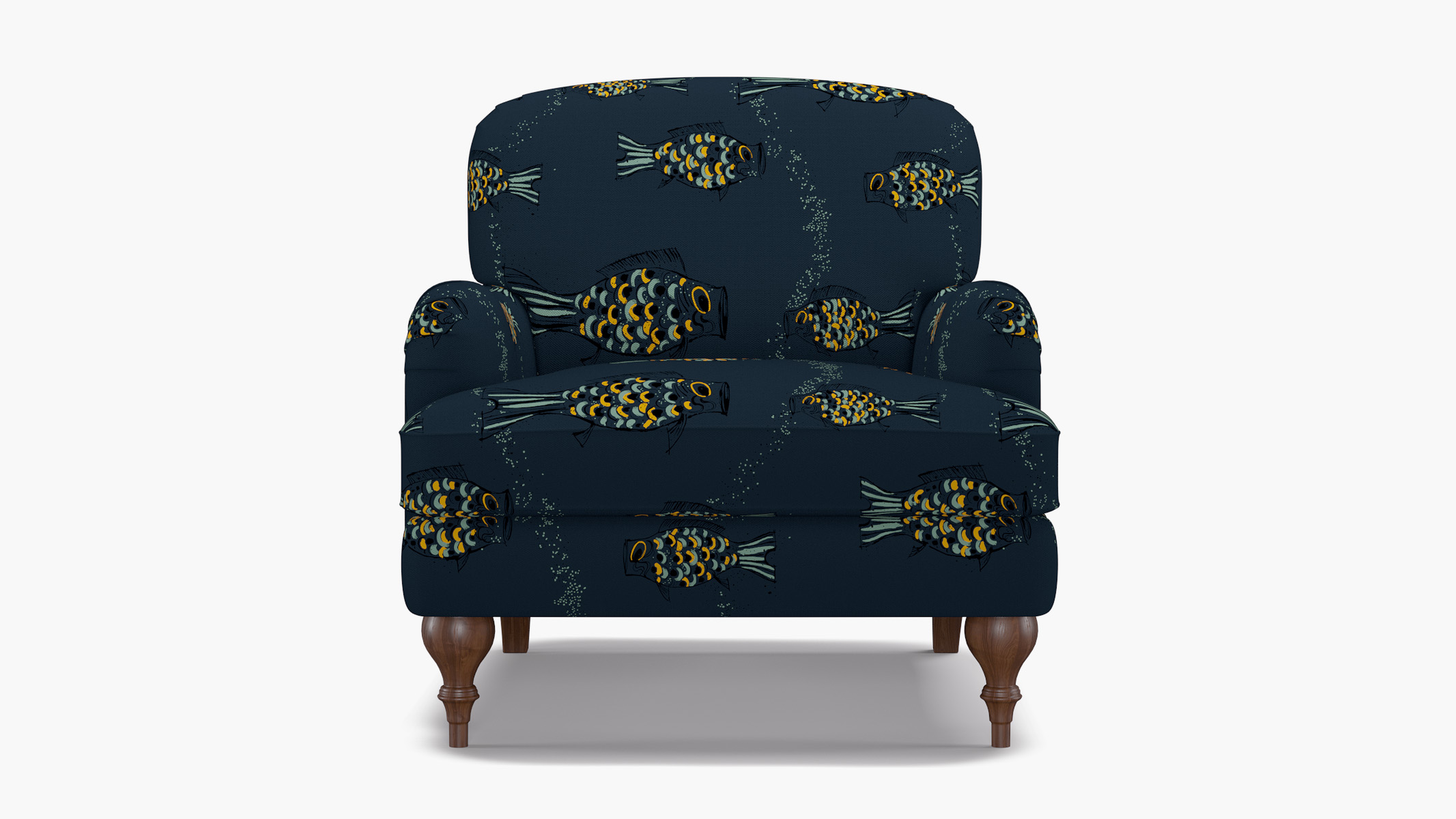 English Roll Arm Chair, Indigo Sakana, Walnut Turned Wood Leg - The Inside