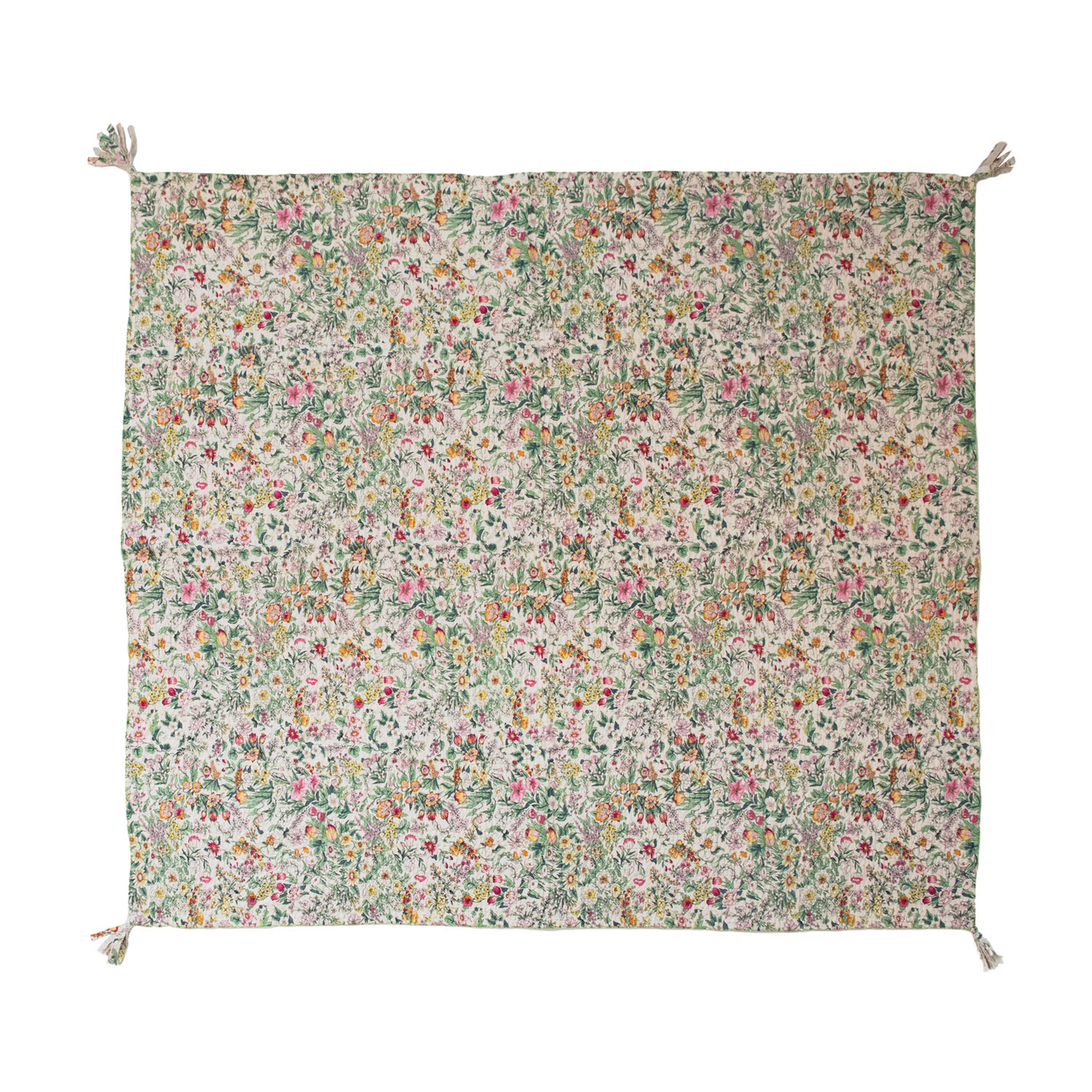 Quilted Cotton Throw with Floral Pattern, Kantha Stitch and Tassels - Creative Co-Op