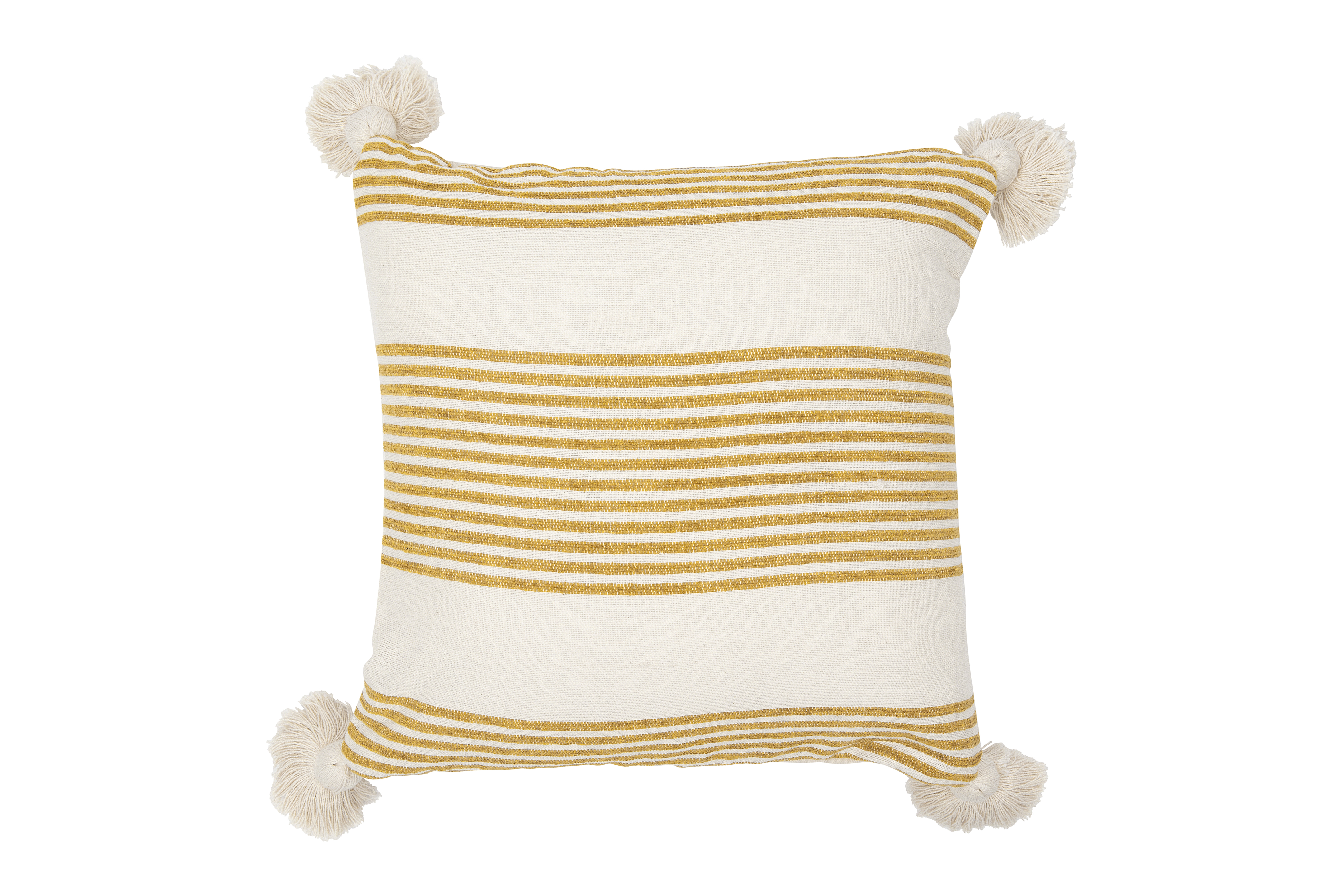 Cream Cotton & Chenille Pillow with Mustard Stripes & Tassels - Creative Co-Op