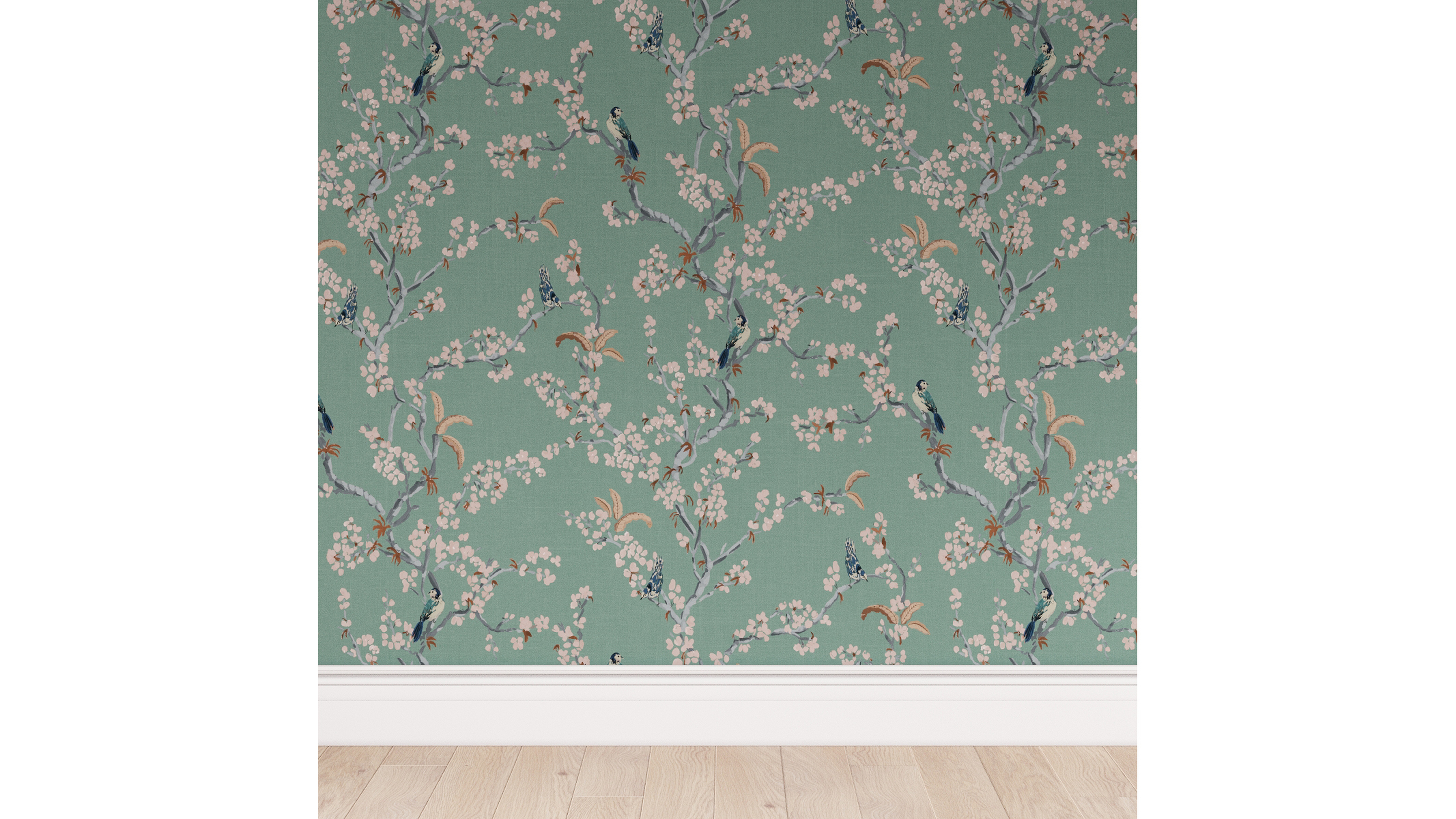 Peel and Stick Wallpaper Roll, Mint Cherry Blossom - The Inside