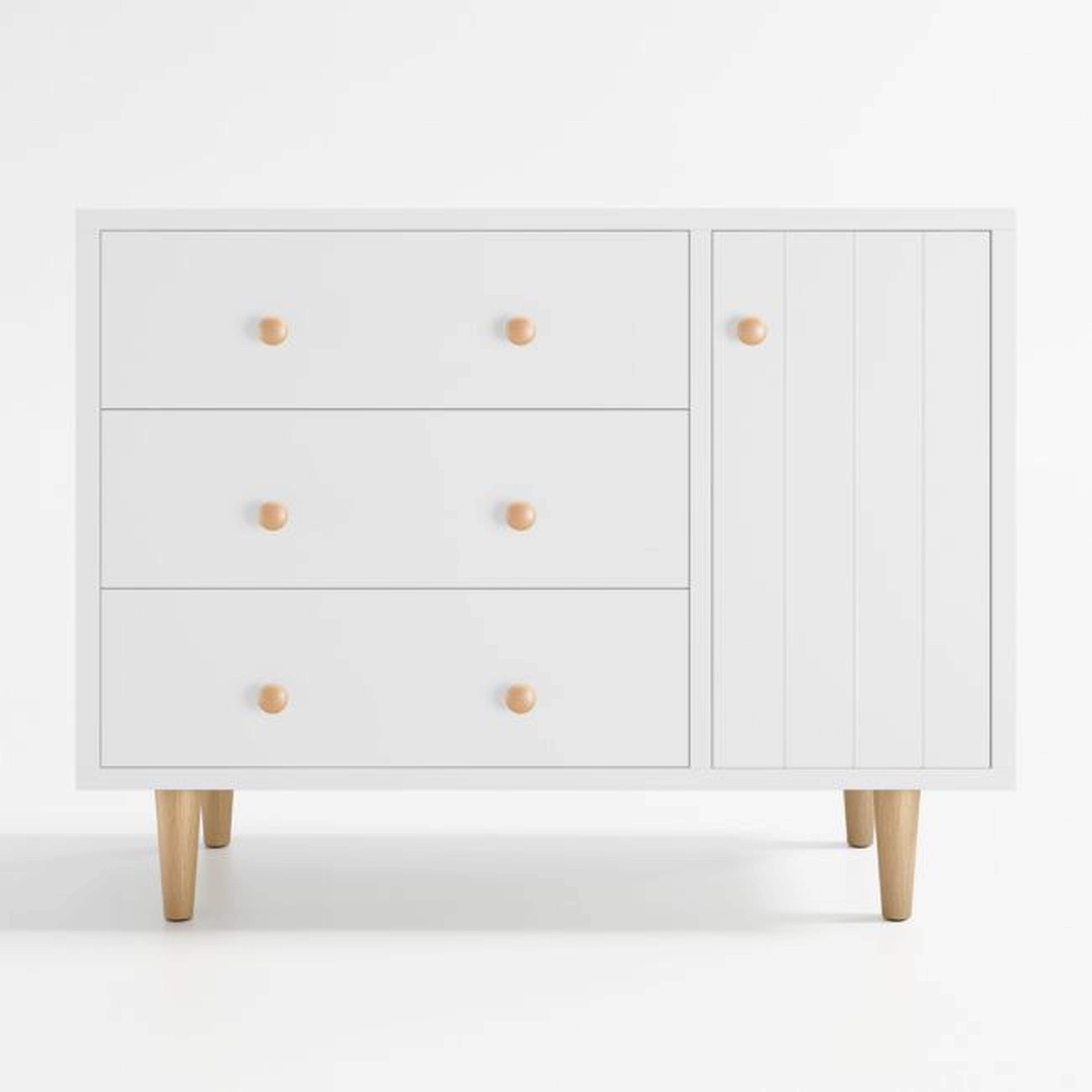 Finn Narrow White Wood 3-Drawer Kids Dresser with Door - Crate & Kids
