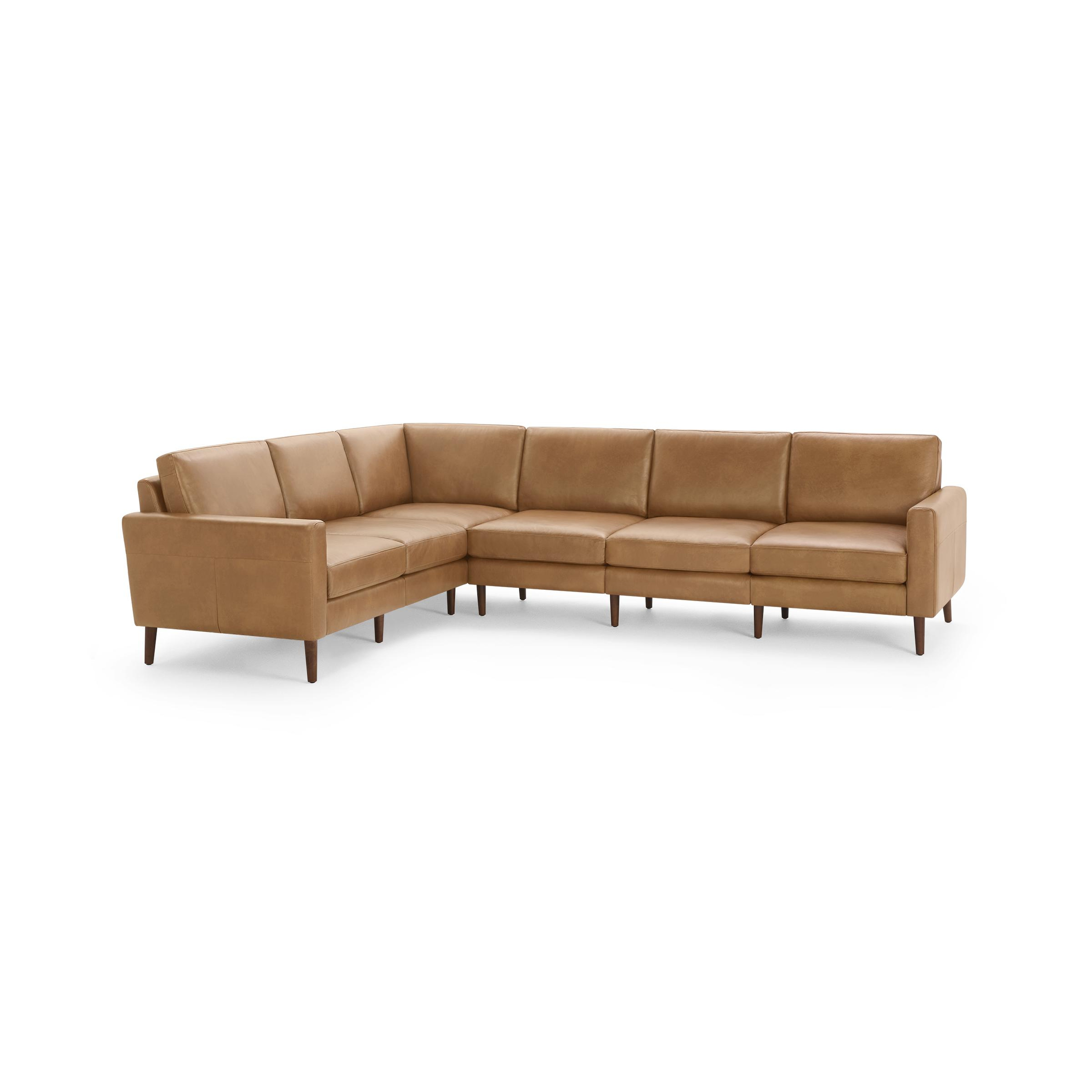 The Block Nomad Leather 6-Seat Corner Sectional in Camel, Walnut Legs - Burrow