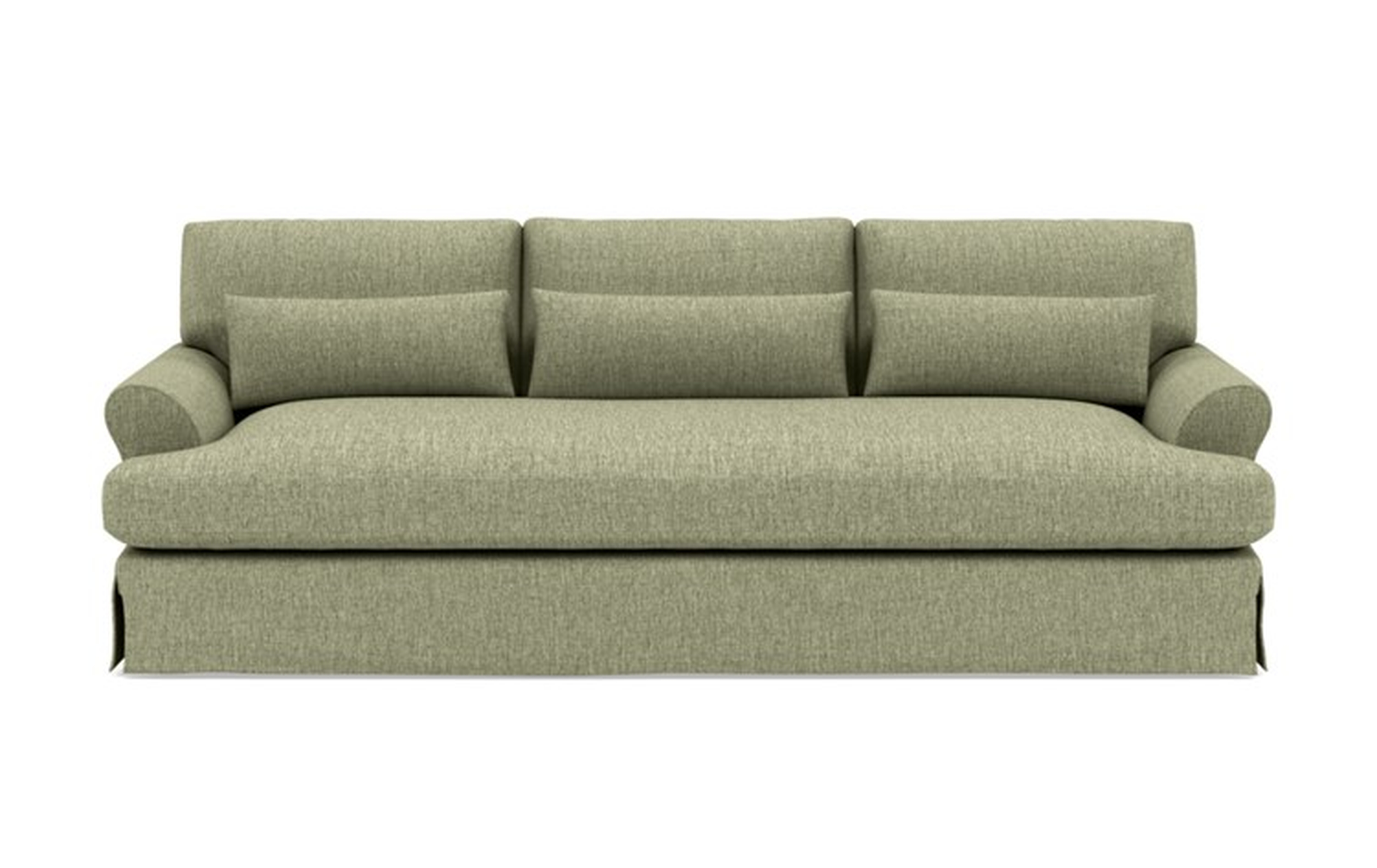 Maxwell Slipcovered Sofa with Green Sprout Fabric and Oiled Walnut with Brass Cap legs - Interior Define