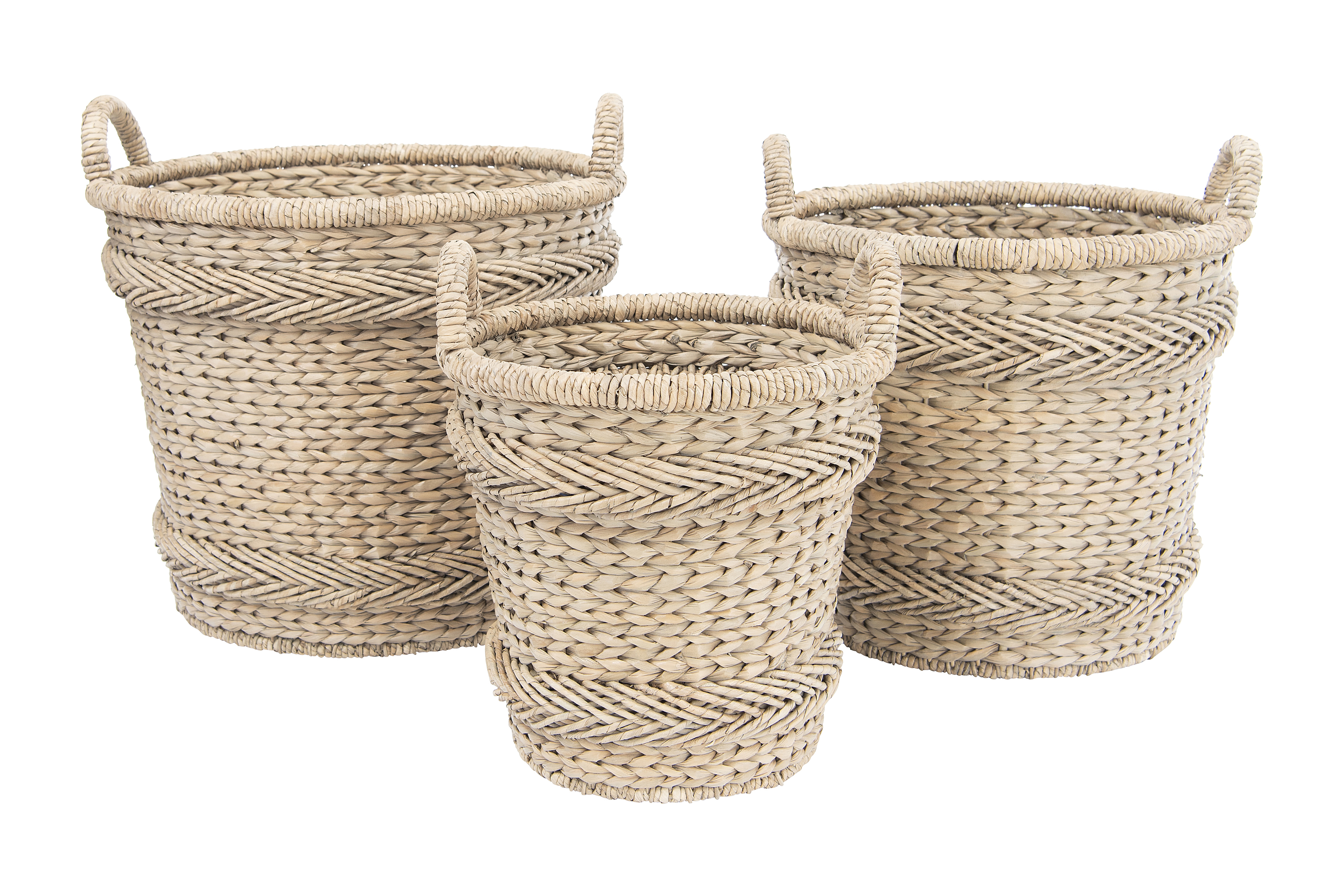 14", 17.5" & 22" Woven Water Hyacinth & Rattan Baskets with Handles (Set of 3 Sizes) - Nomad Home