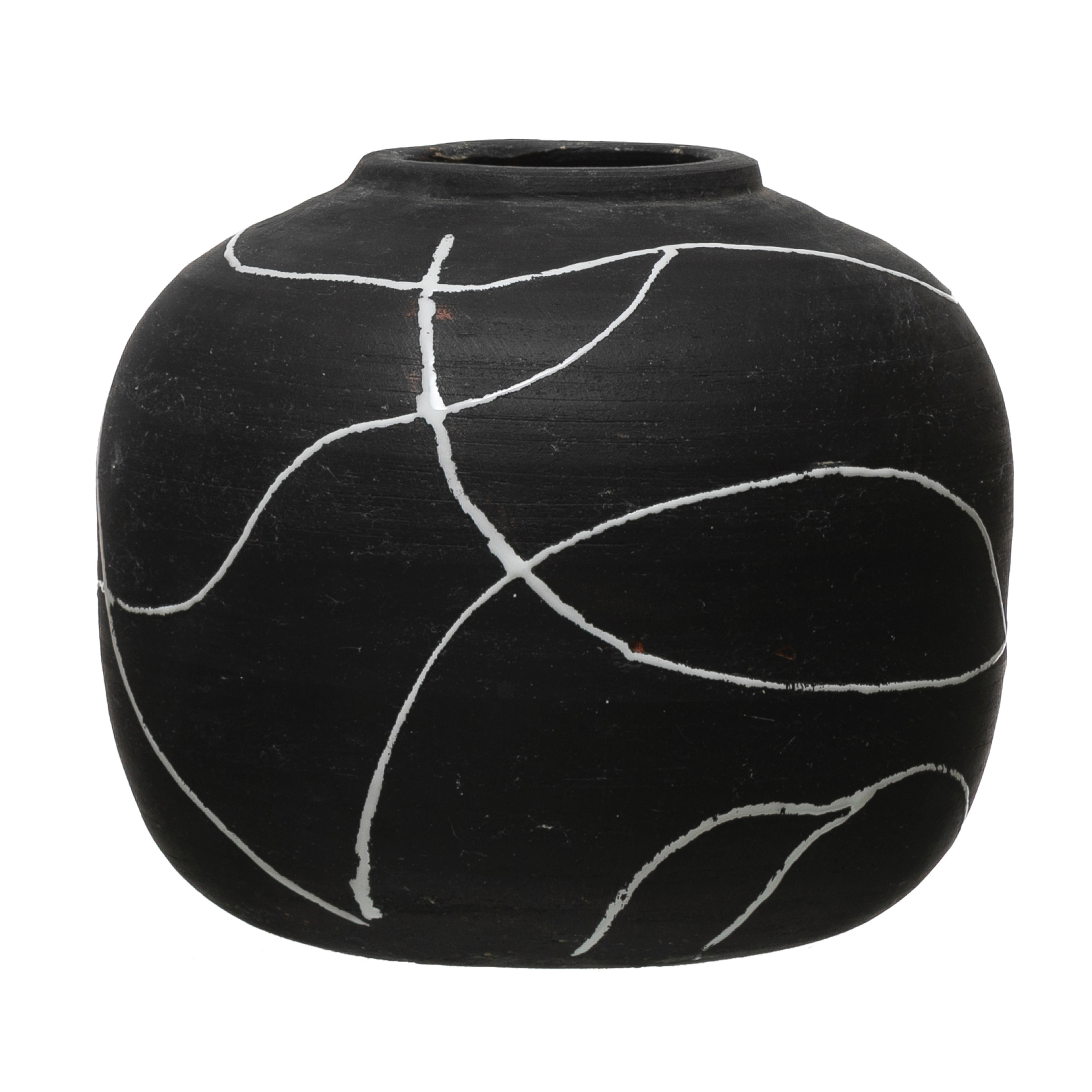 Round Decorative Terra-cotta Vase with Hand-painted Intersecting Lines, Black and White - Creative Co-Op