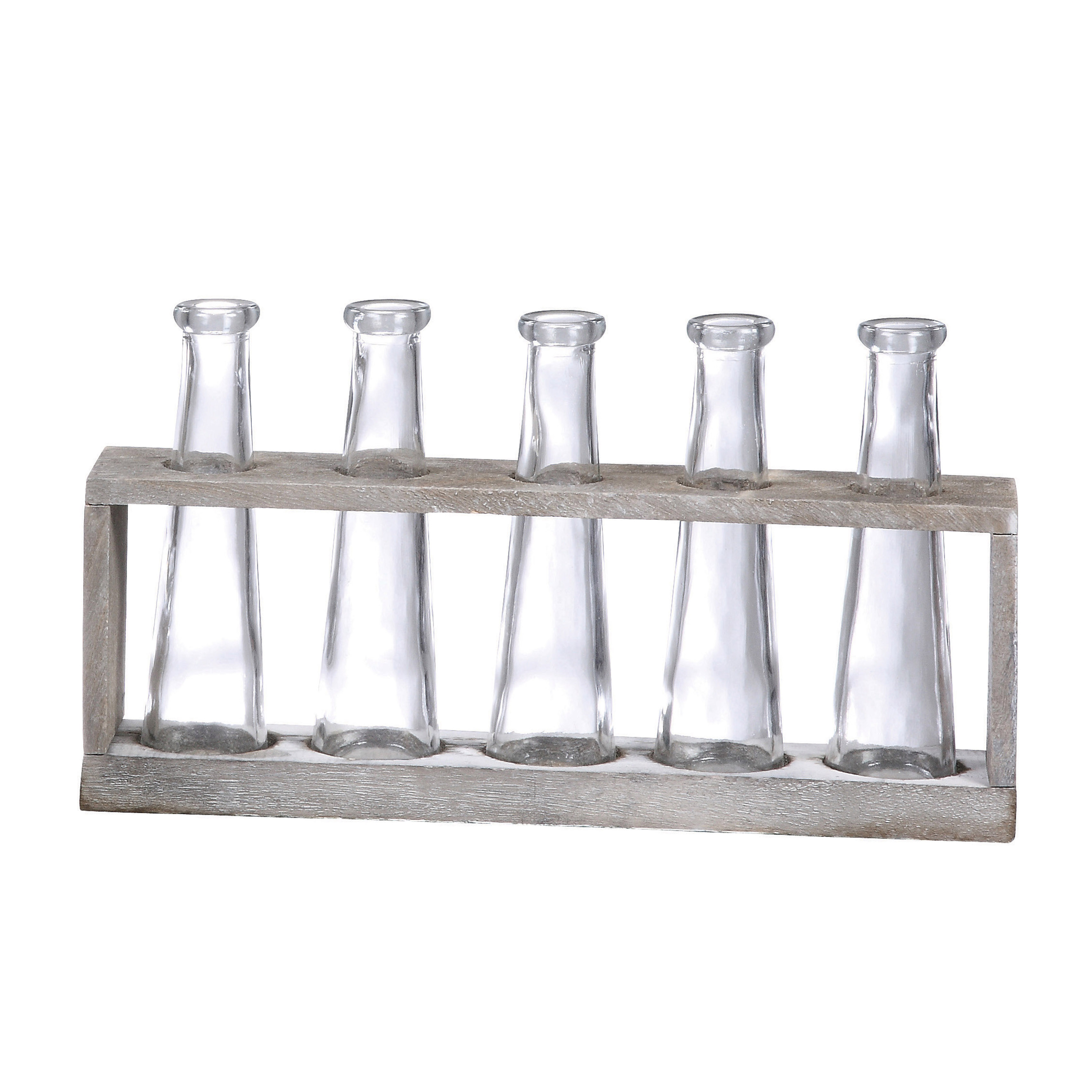 Distressed Grey Wood Vase Holder with 5 Glass Vases - Nomad Home