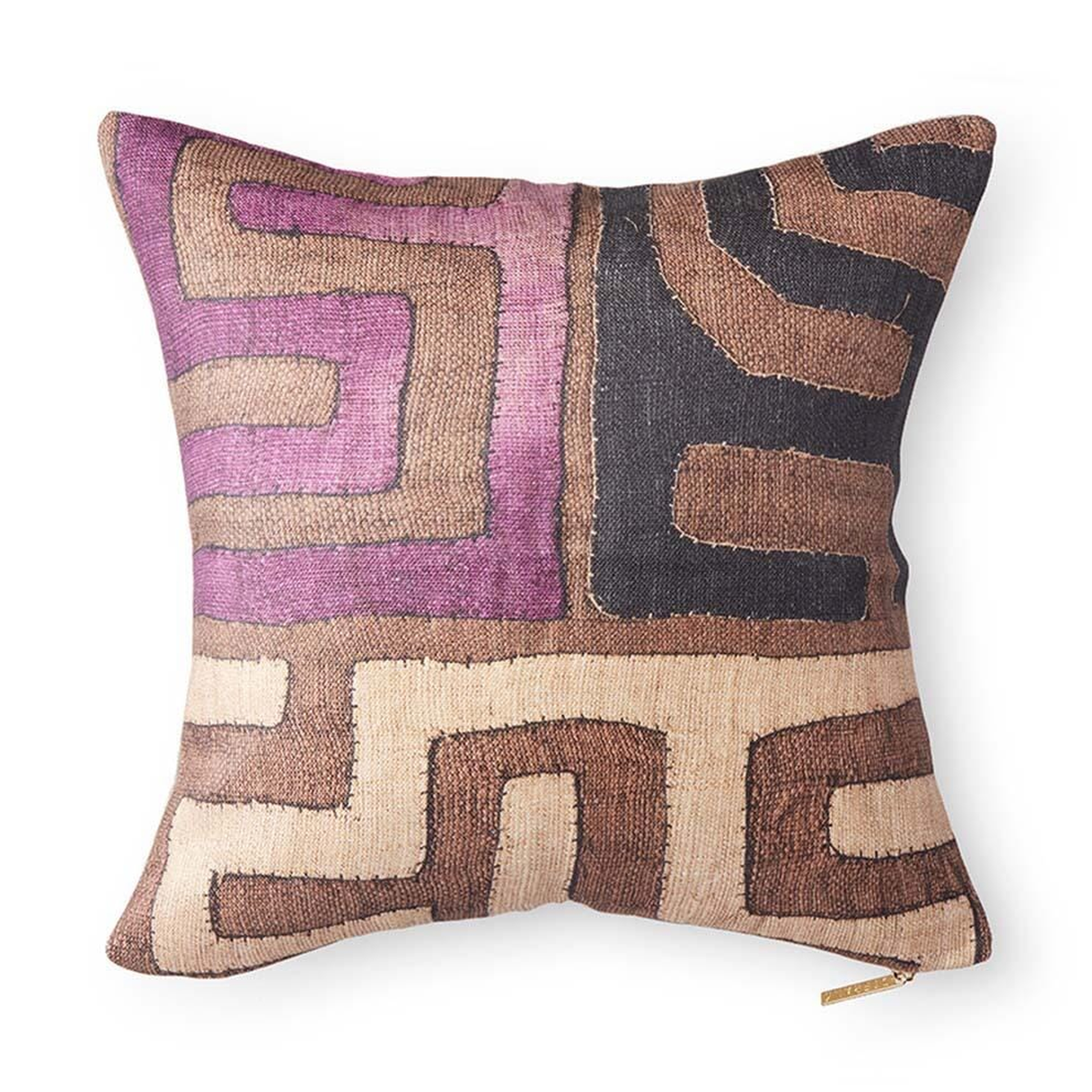 Plum Patchwork Kuba Cloth Pillow by St. Frank | Brown | 18" W x 18" H | Linen - St. Frank