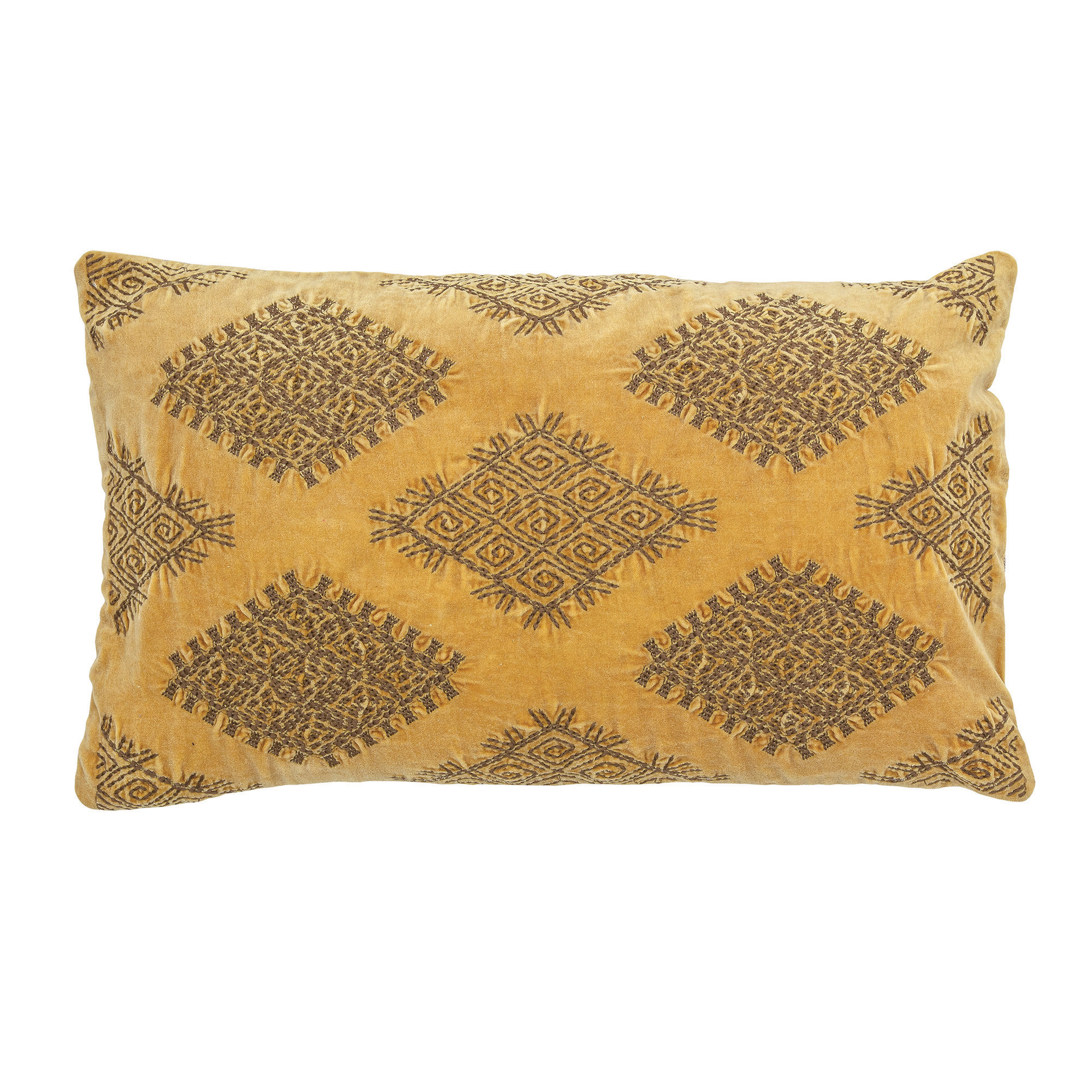 Mustard Cotton Velvet Embroidered Lumbar Pillow - Bloomingville