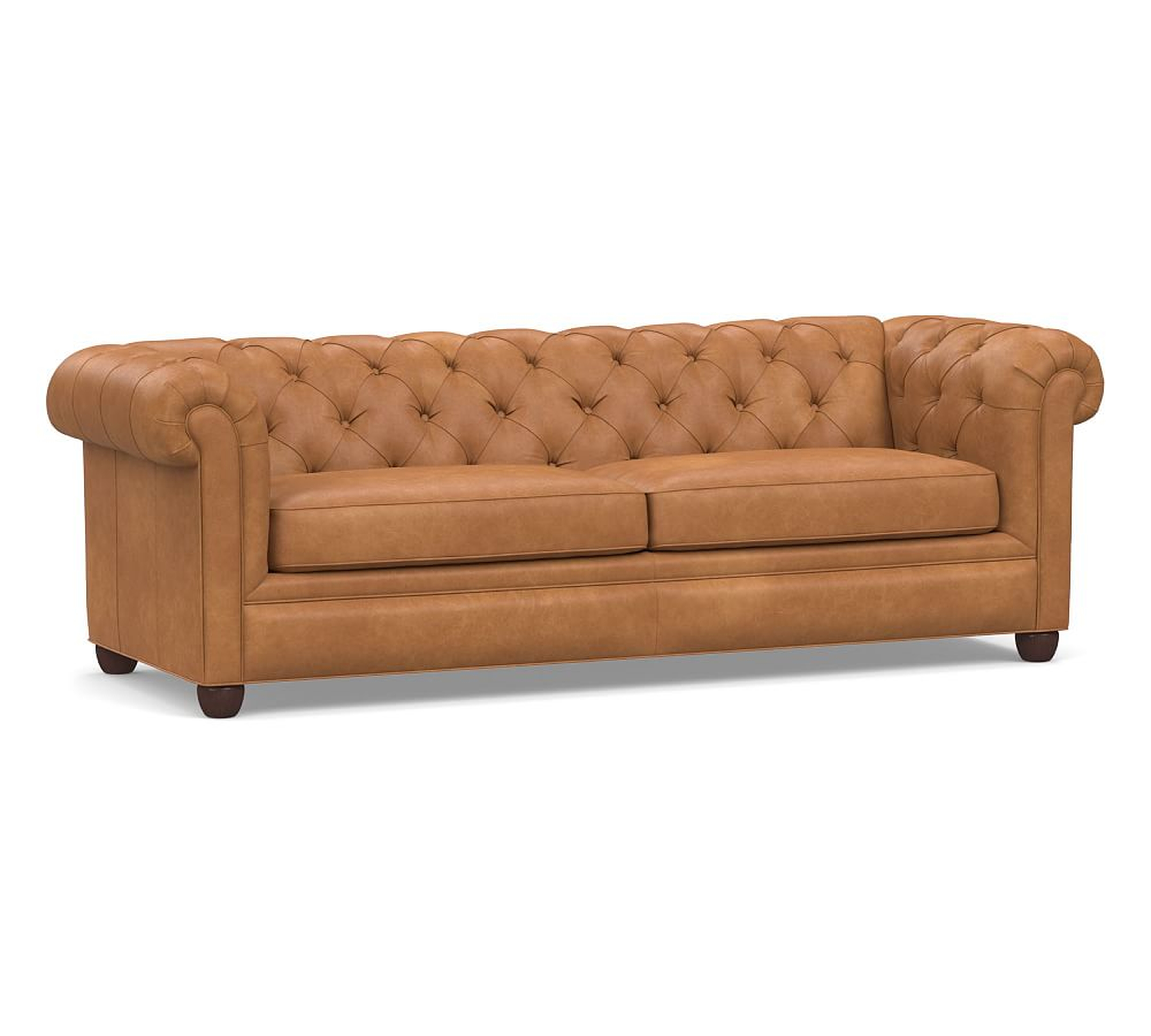 Chesterfield Roll Arm Leather Grand Sofa 96", Polyester Wrapped Cushions, Churchfield Camel - Pottery Barn