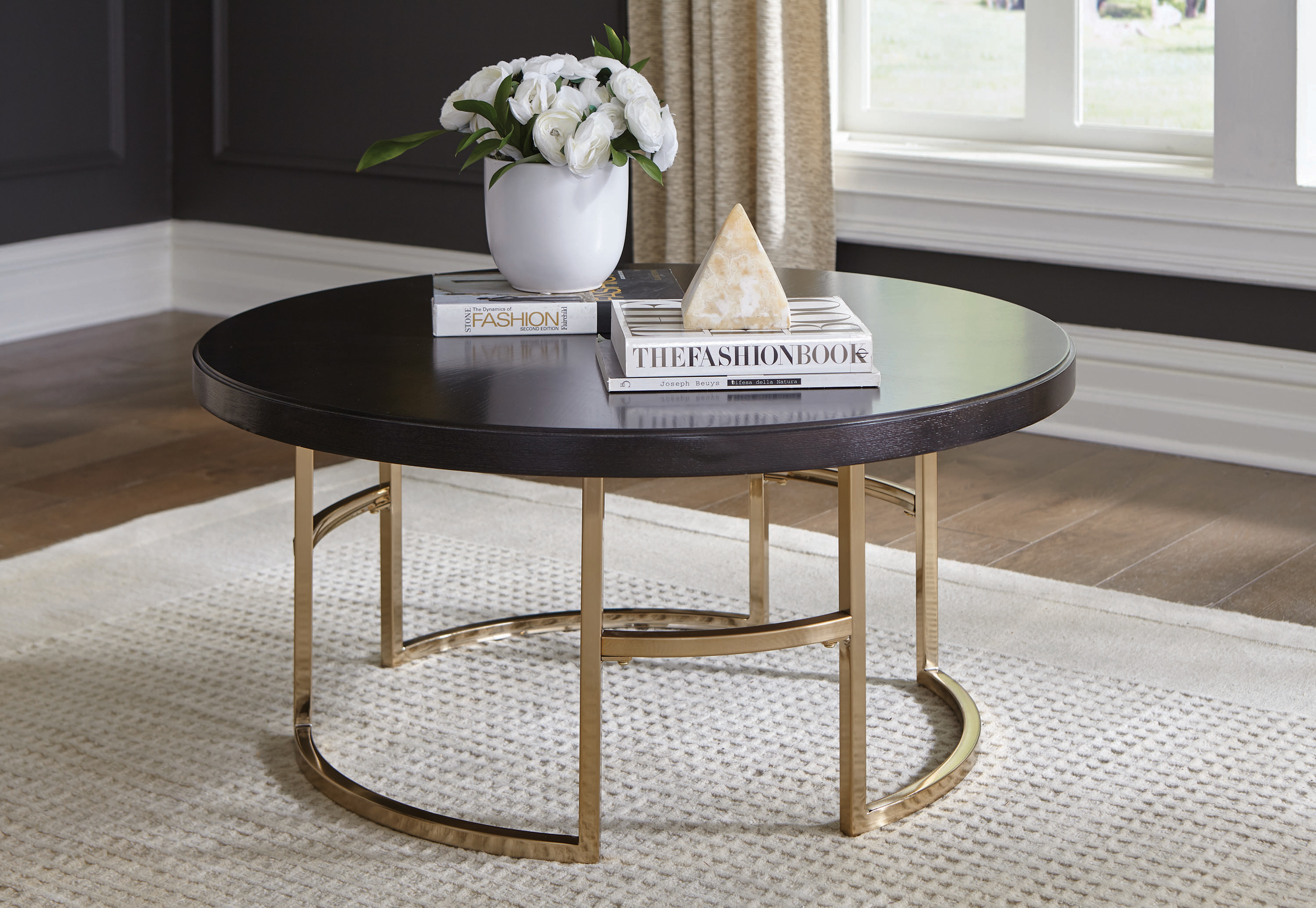 Corliss Round Coffee Table Americano and Rose Brass - Harwich Collection