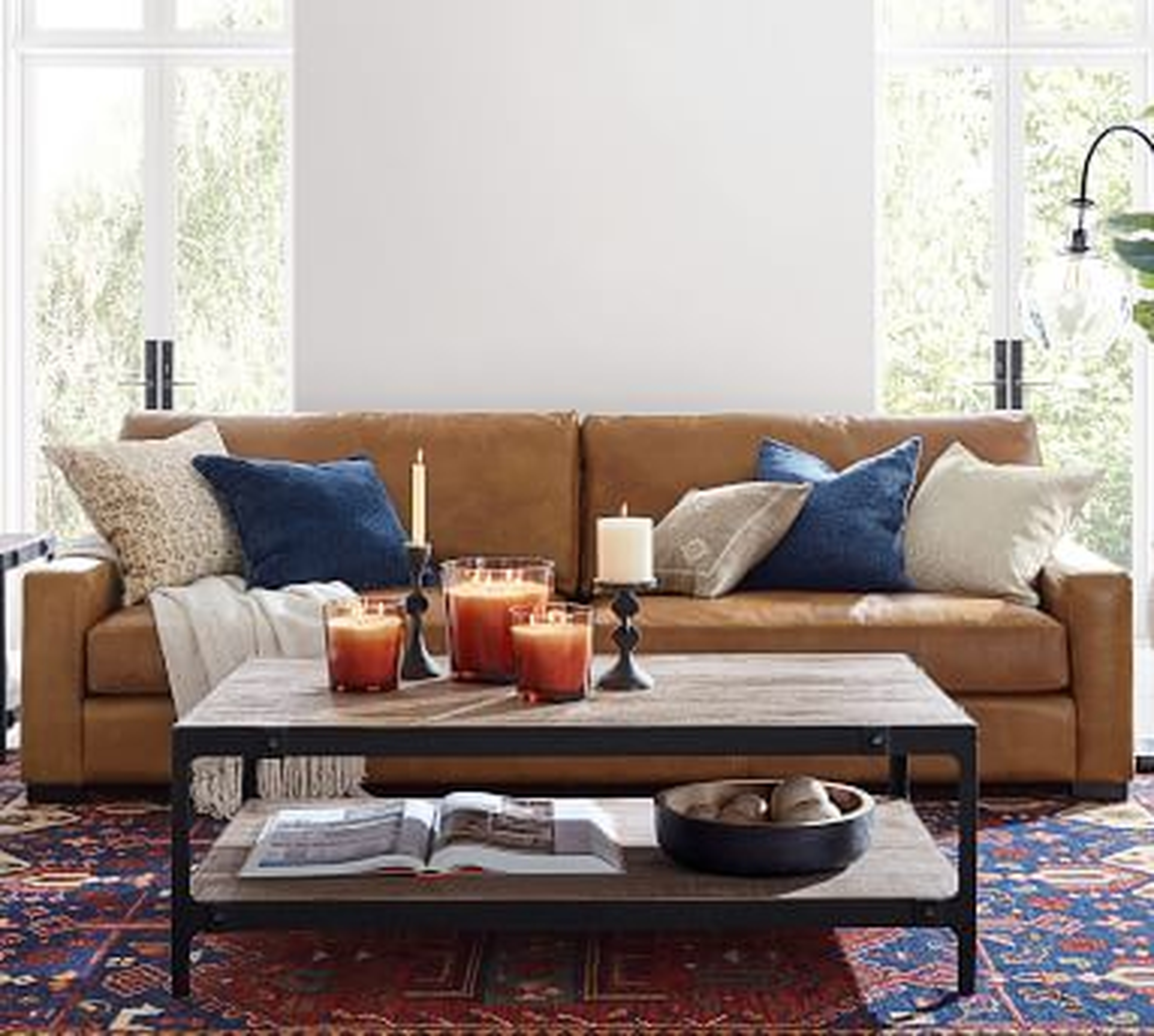 Turner Square Arm Leather Apartment Sofa 2-Seater 64.5", Down Blend Wrapped Cushions, Vintage Caramel - Pottery Barn