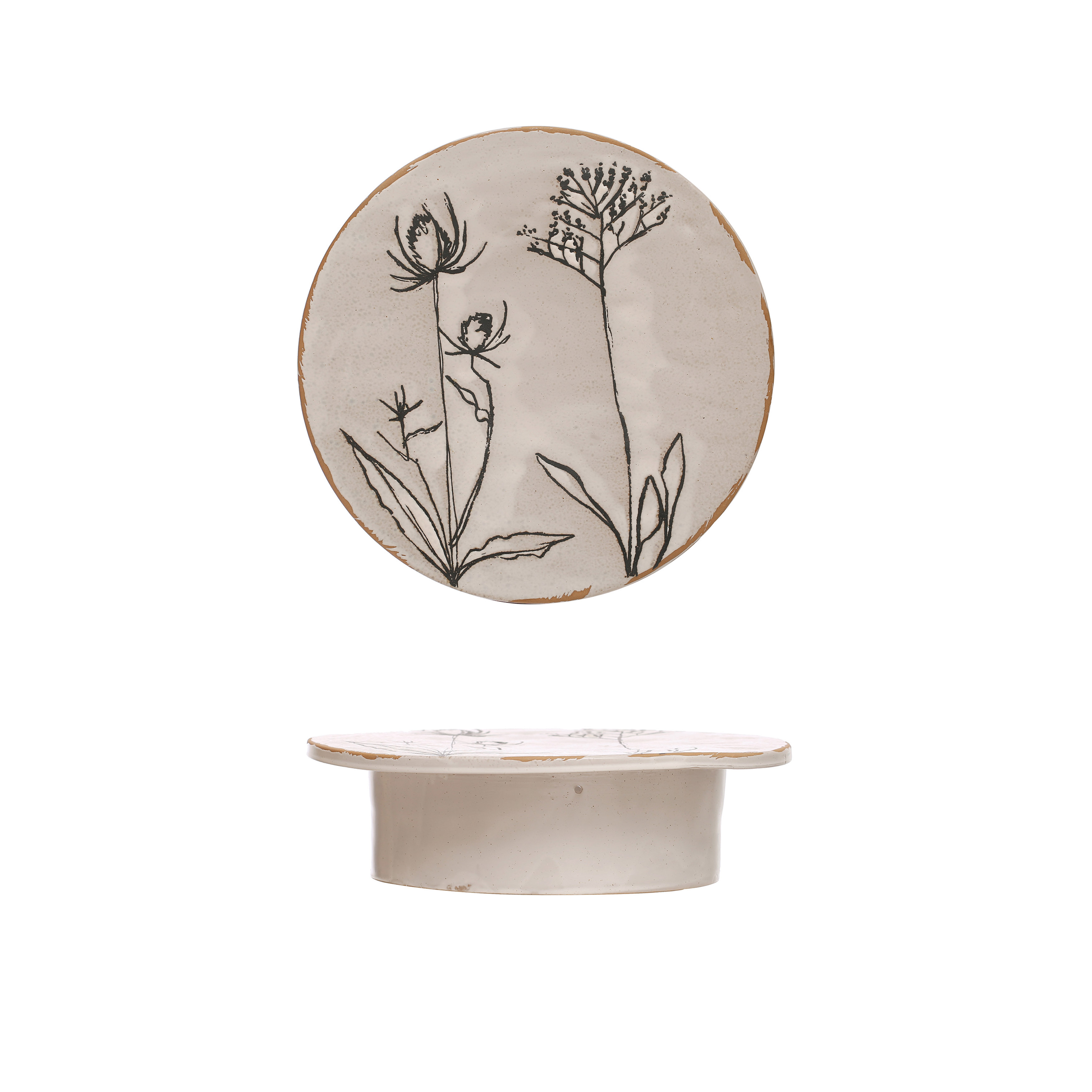 12 Inches Round Debossed Stoneware Pedestal with Flowers and Reactive Glaze, White and Black - Creative Co-Op