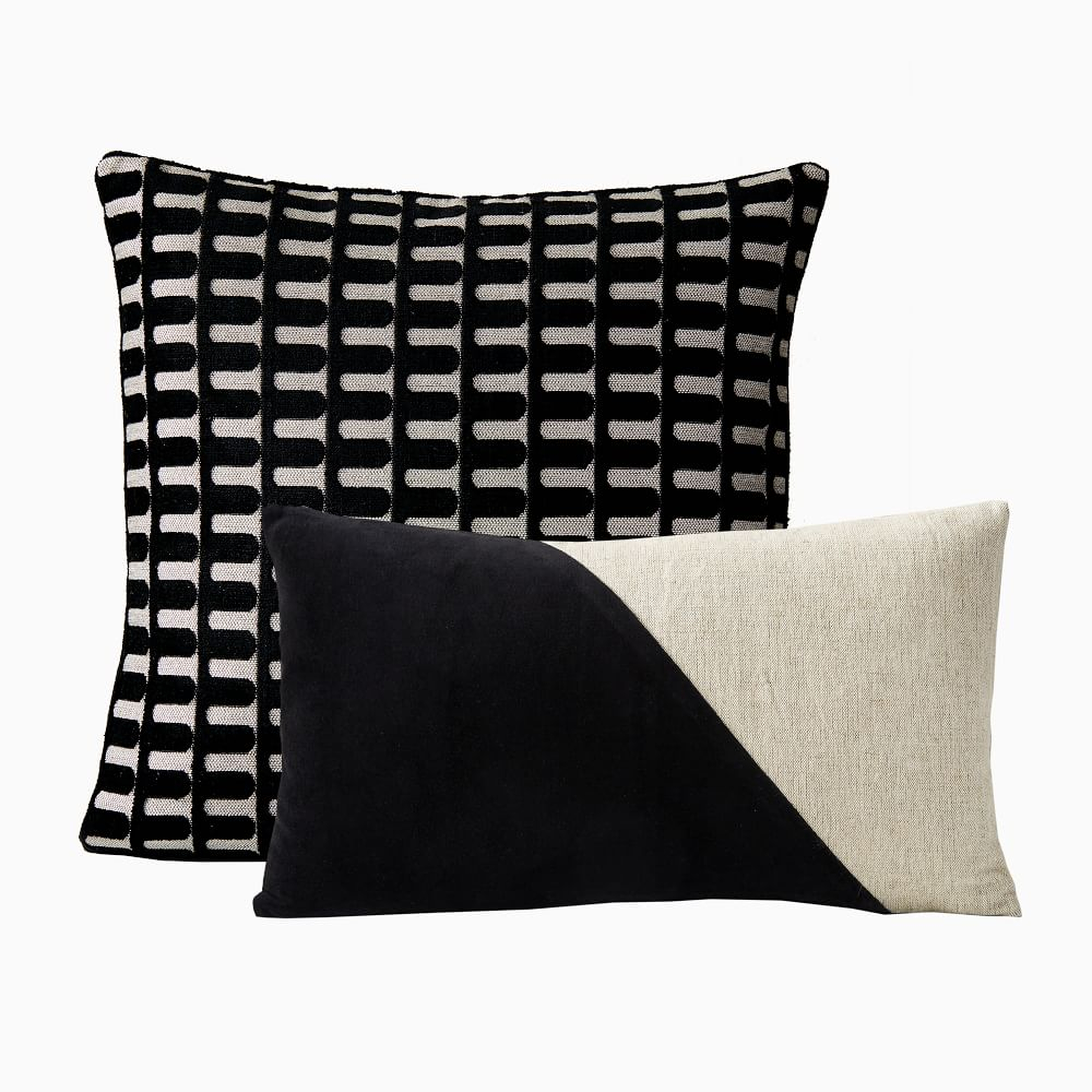 Cut Velvet Archways & Cotton Linen & Vevlet Corners Pillow Cover Set, Black, Set of 2 - West Elm