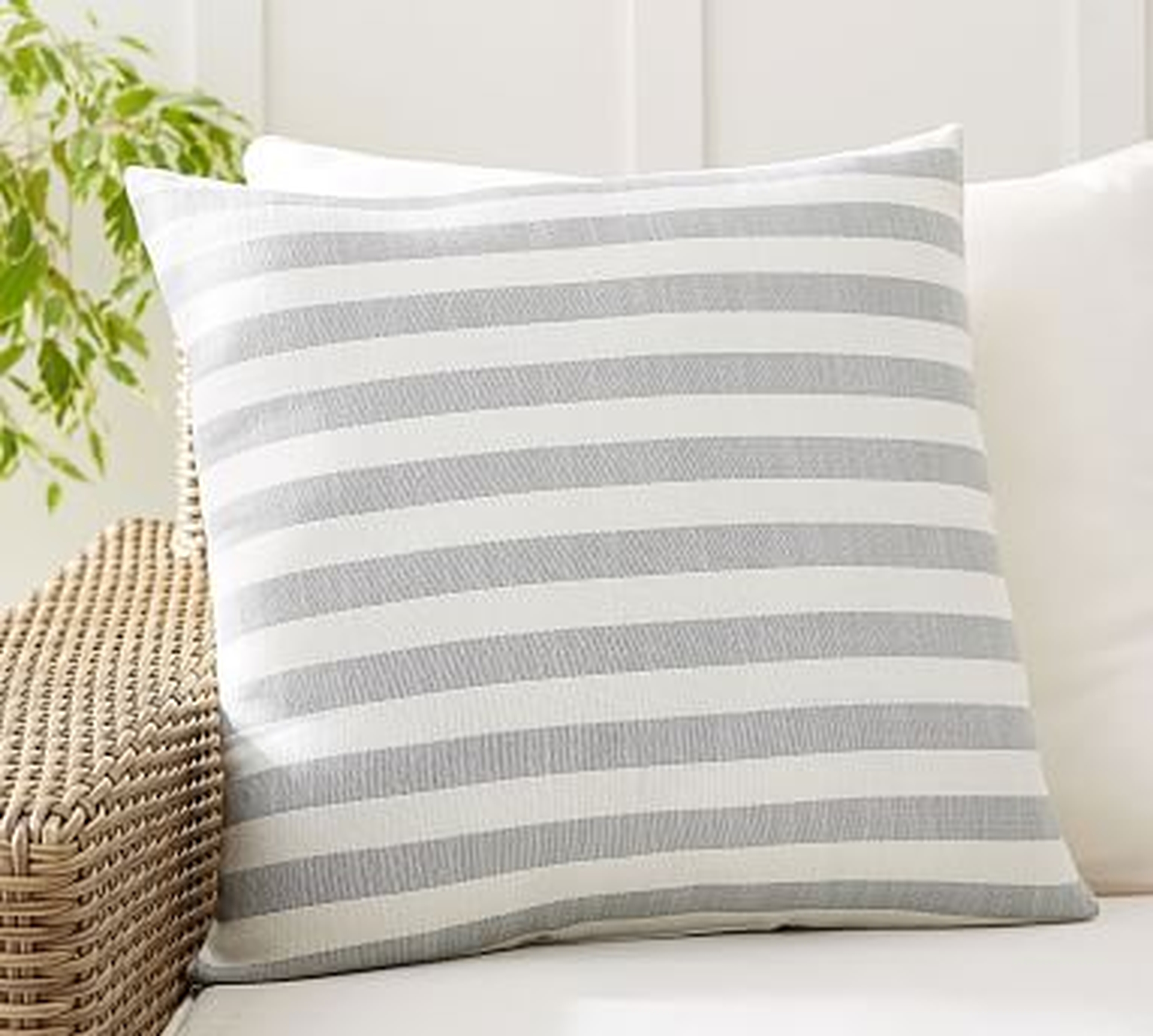 Outdoor Leandra Reversible Stripe Pillow, 22 x 22", Gray Drizzle - Pottery Barn