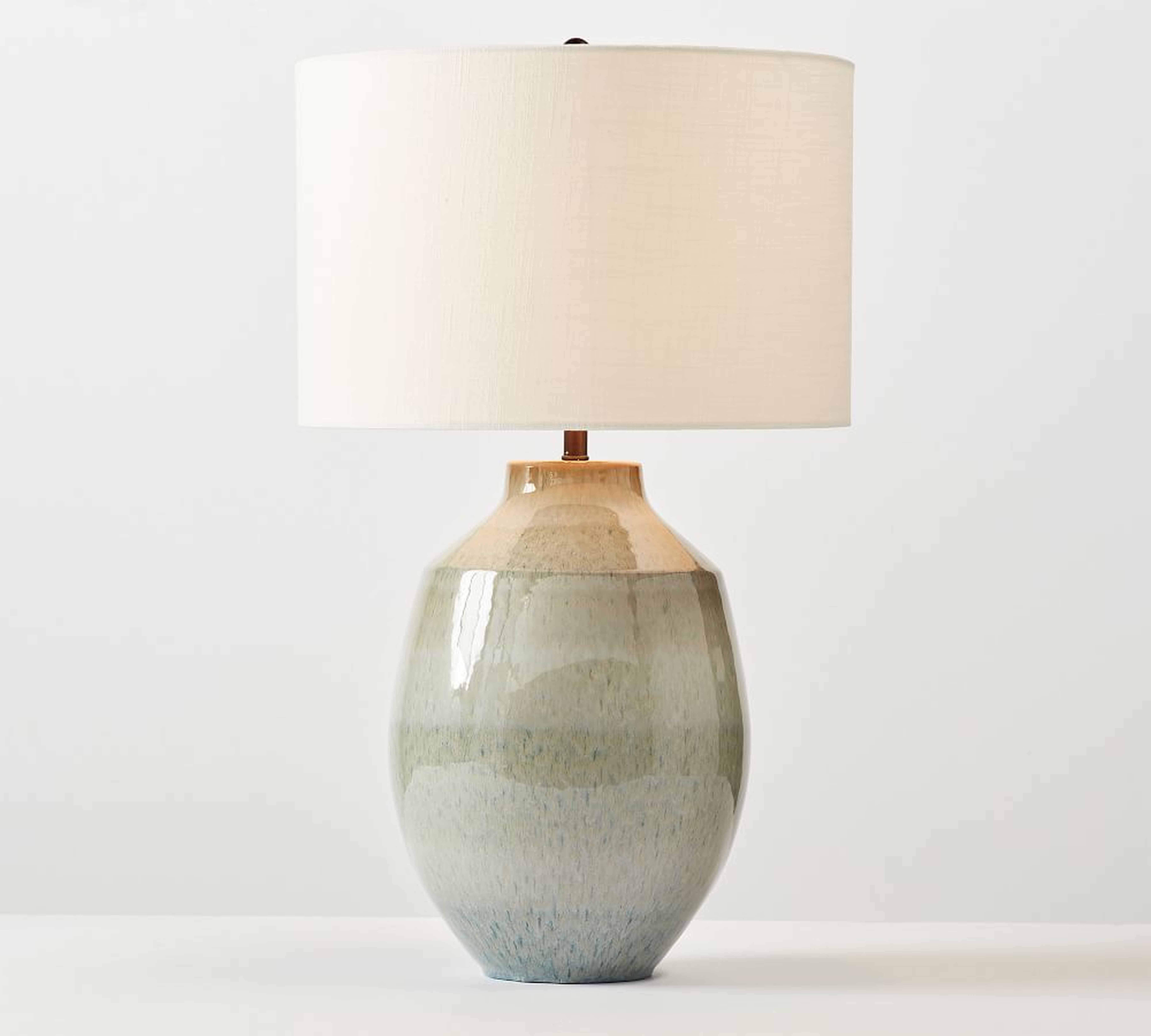 Ezra Ceramic Table Lamp, Reactive Glaze, Large with Large White Textured SS Gallery Shade - Pottery Barn