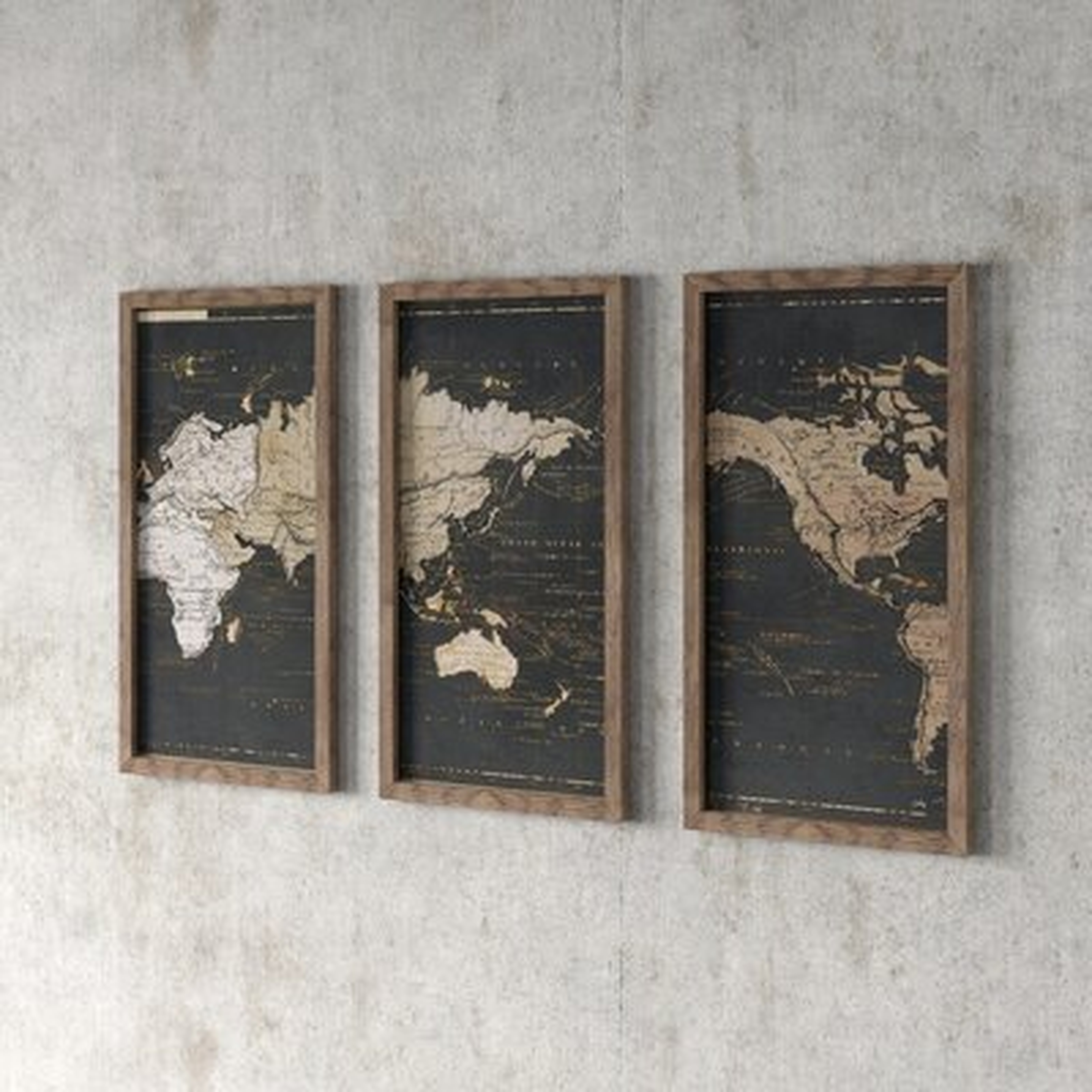 'World Map in Gold and Gray' - 3 Piece Picture Framed Graphic Art Print Set on Acrylic - Wayfair