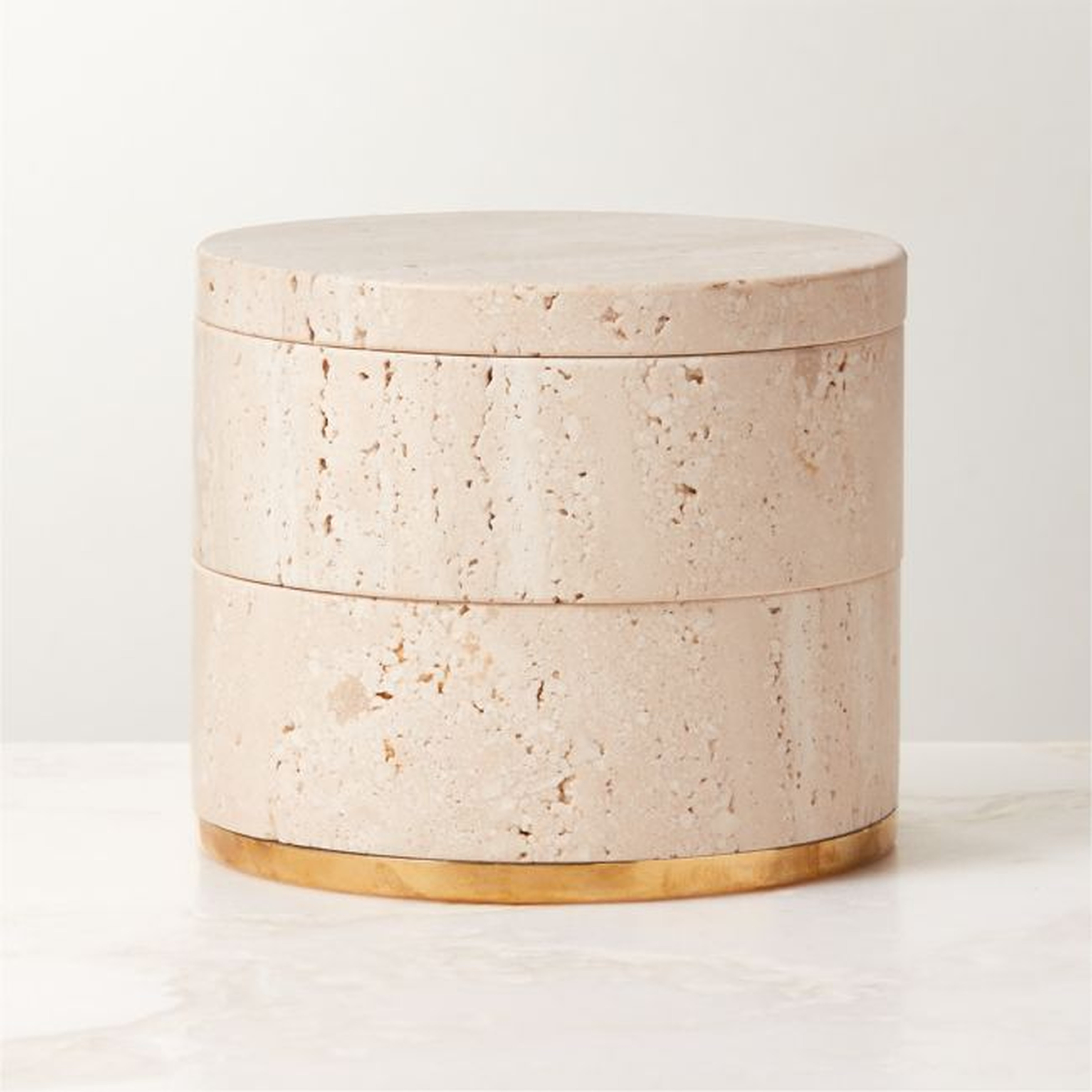 Pierce Unlacquered Brass and Travertine Two-Tier Storage Box - CB2