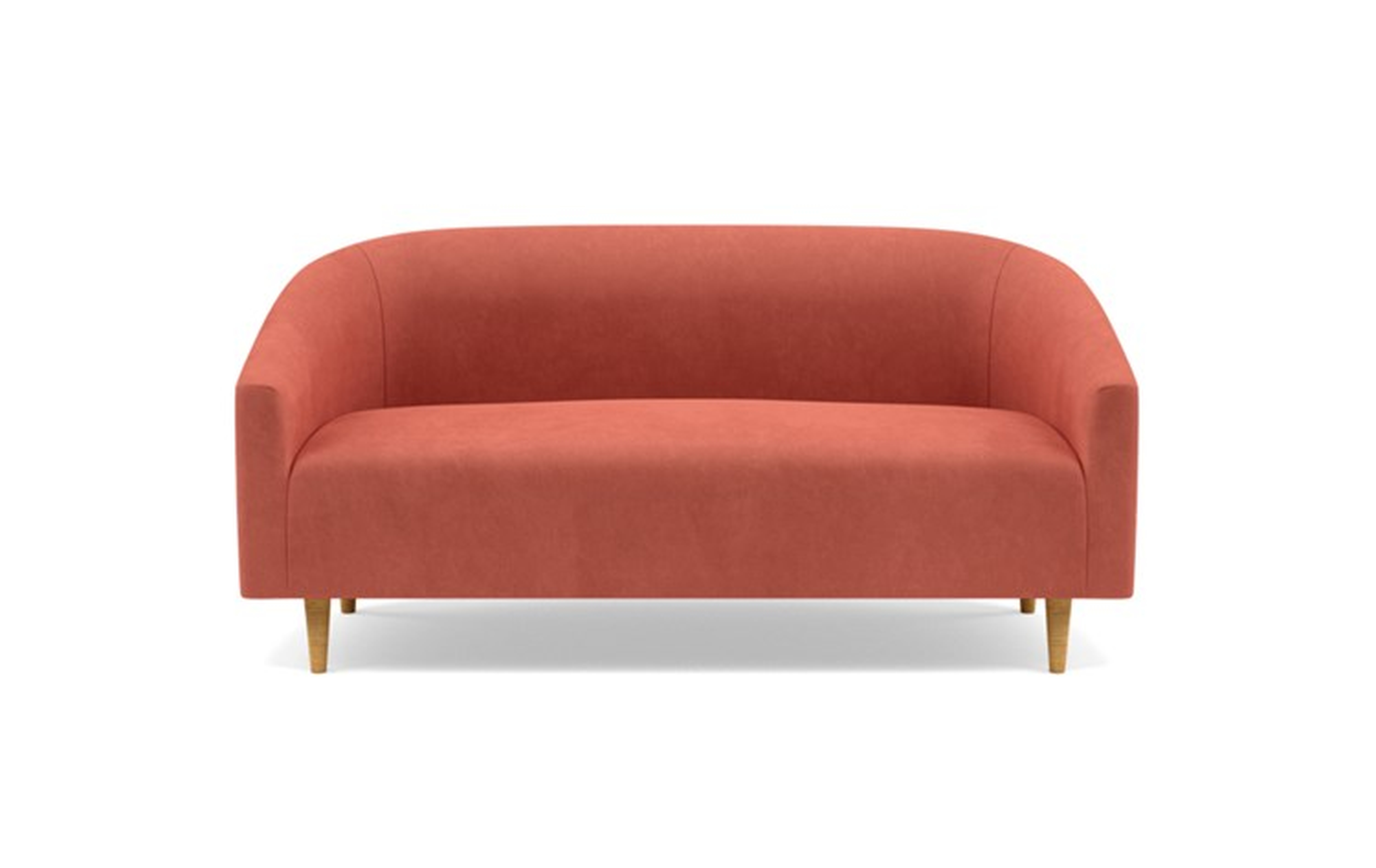 Tegan Loveseats with Pink Coral Fabric and Natural Oak legs - Interior Define