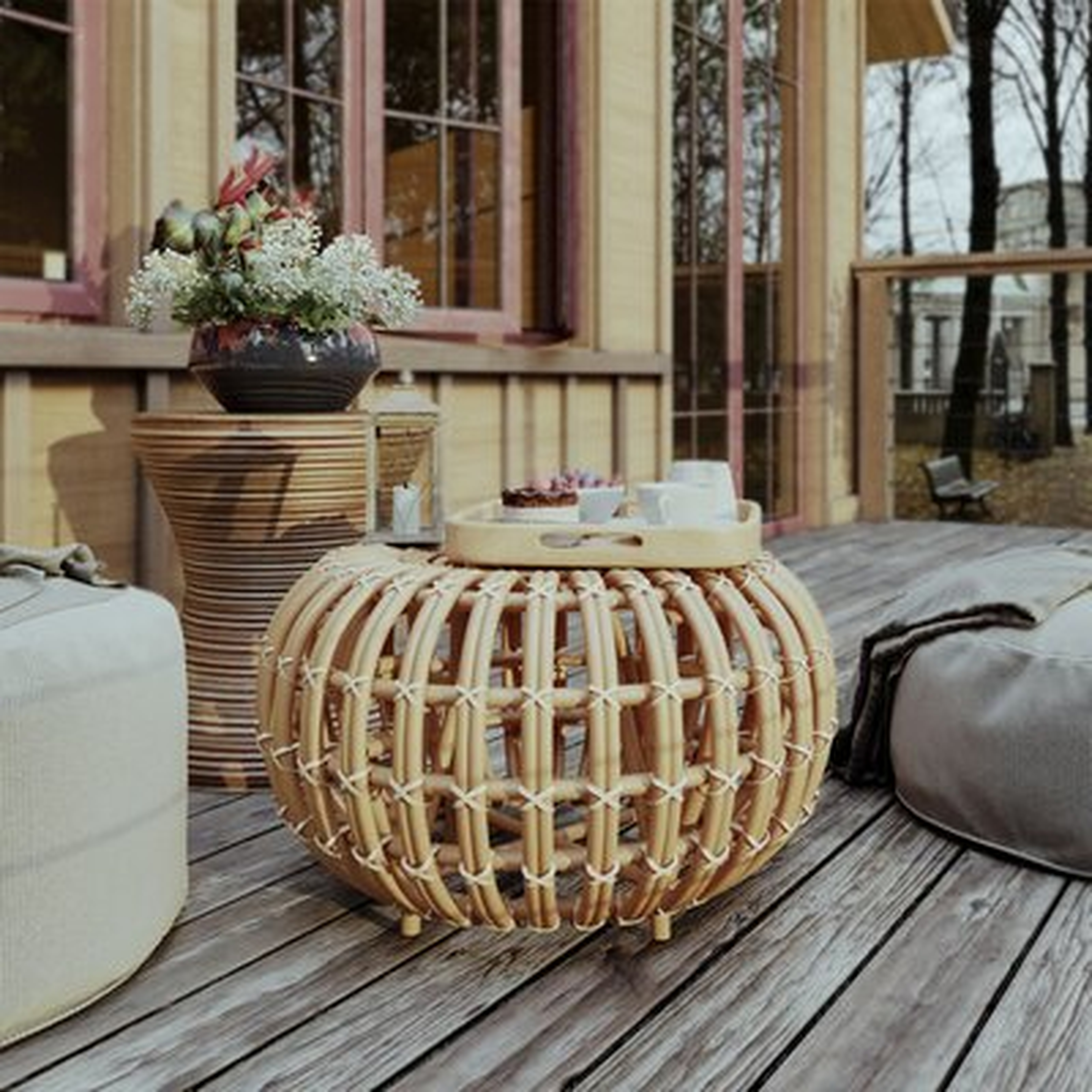 Wicker Round Coffee Table | Outdoor Patio Rattan Pouf - Farmhouse Front Porch Furniture - Backyard Deck Furniture Accent Table - Wayfair