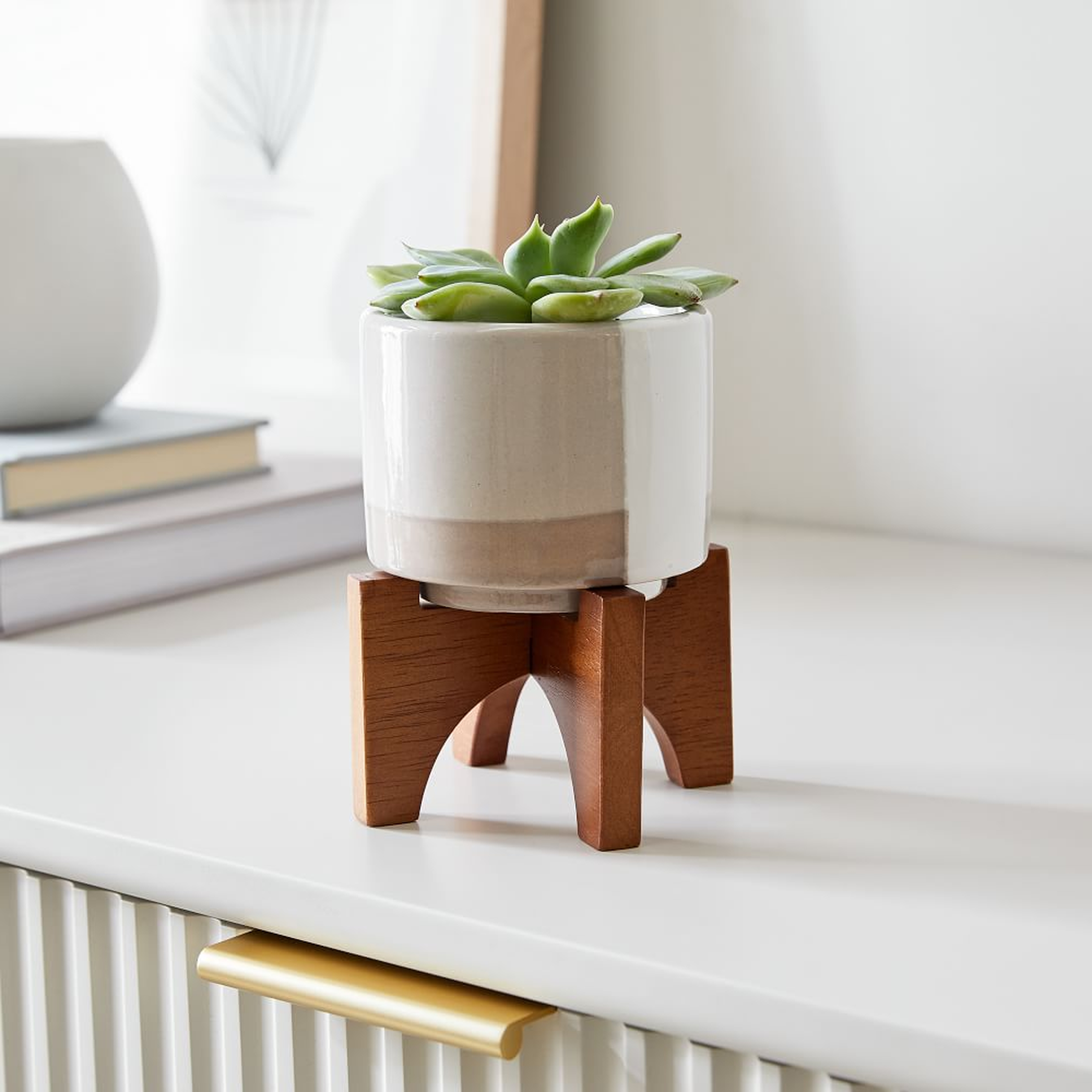 Turned Wood Tabletop Planter, Small, 3.75"D x 3"H, Mauve & White - West Elm