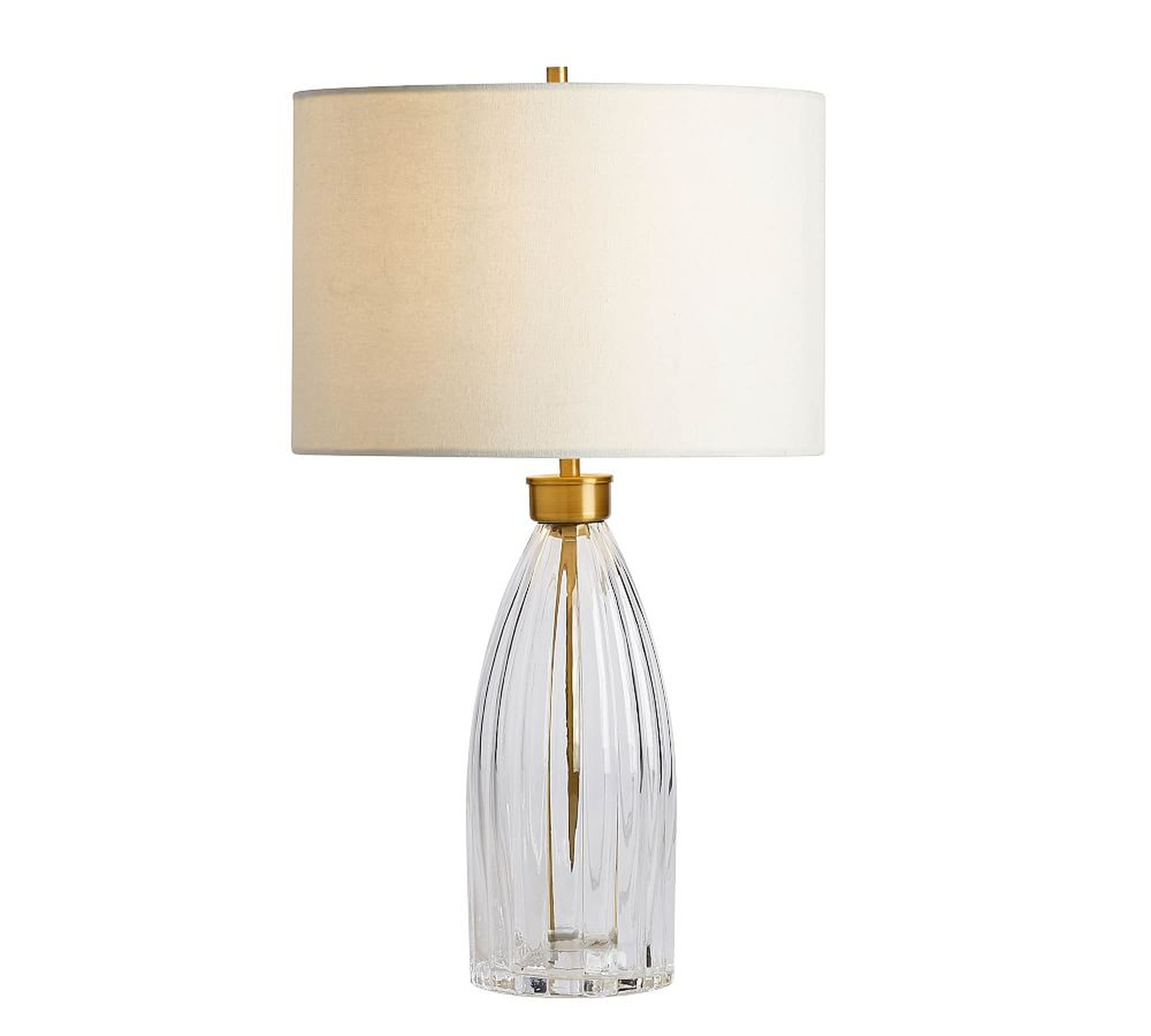 Maggie Glass Table Lamp, 23", Antique Brass &amp; Glass Base With Small Gallery SS Shade, White - Pottery Barn