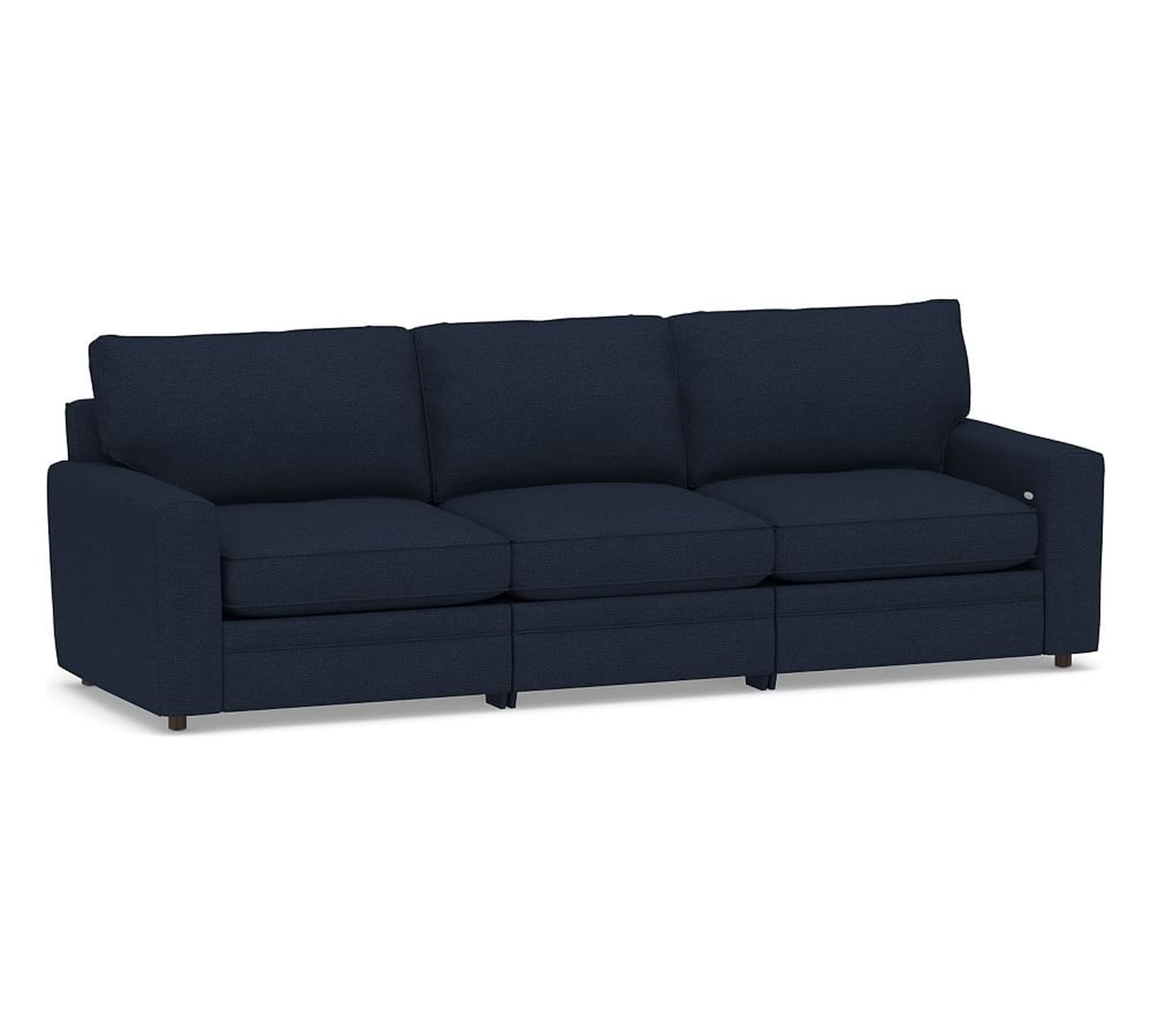 Pearce Square Arm Upholstered 3-Piece Reclining Sofa Sectional, Down Blend Wrapped Cushions, Performance Heathered Basketweave Navy - Pottery Barn