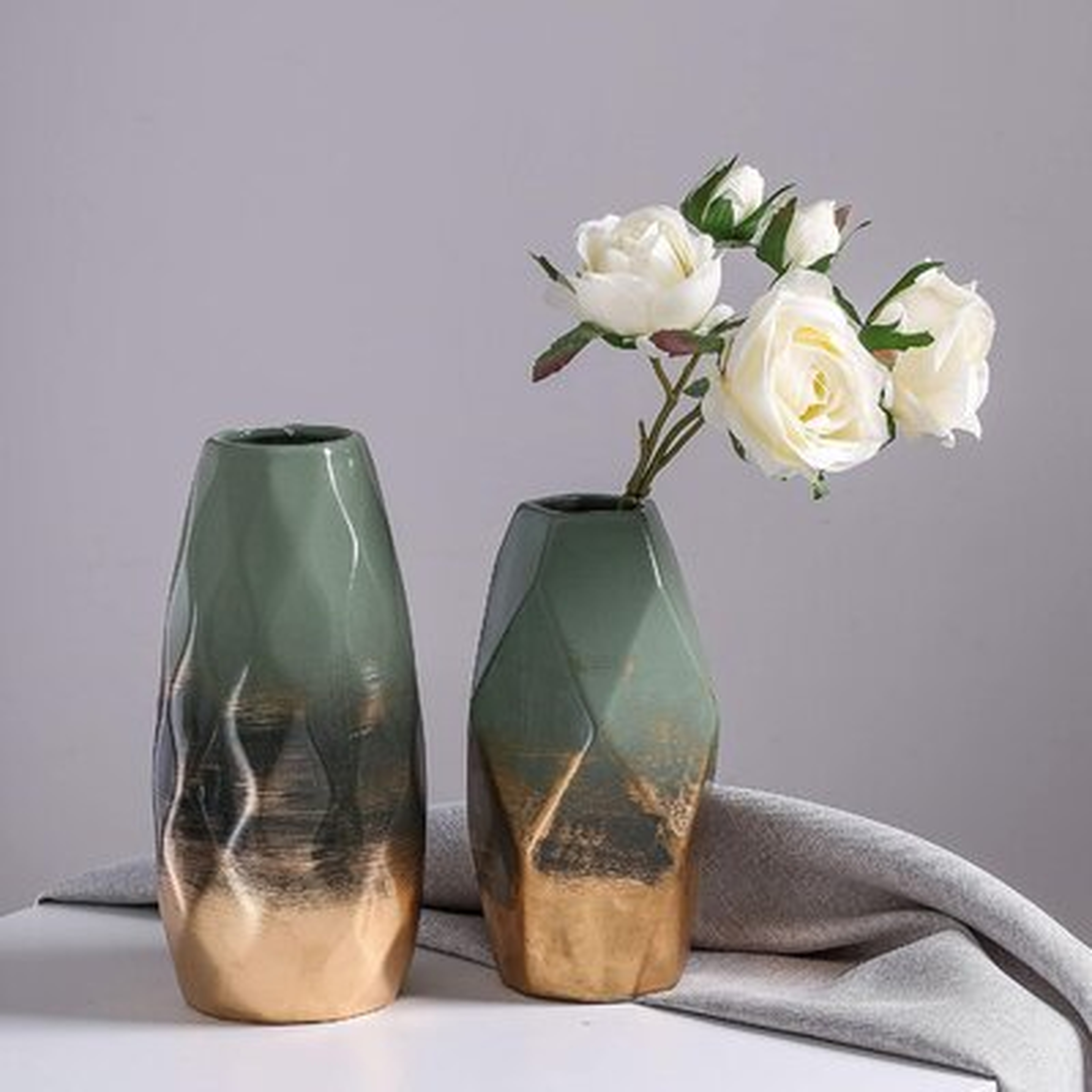 Modern Geometric Ceramic Vases Set Of 2, Green And Gold Vase For Home Decor, Decorative Vase For Living Room, Mantel, Table, Bedroom Decoration - Wayfair