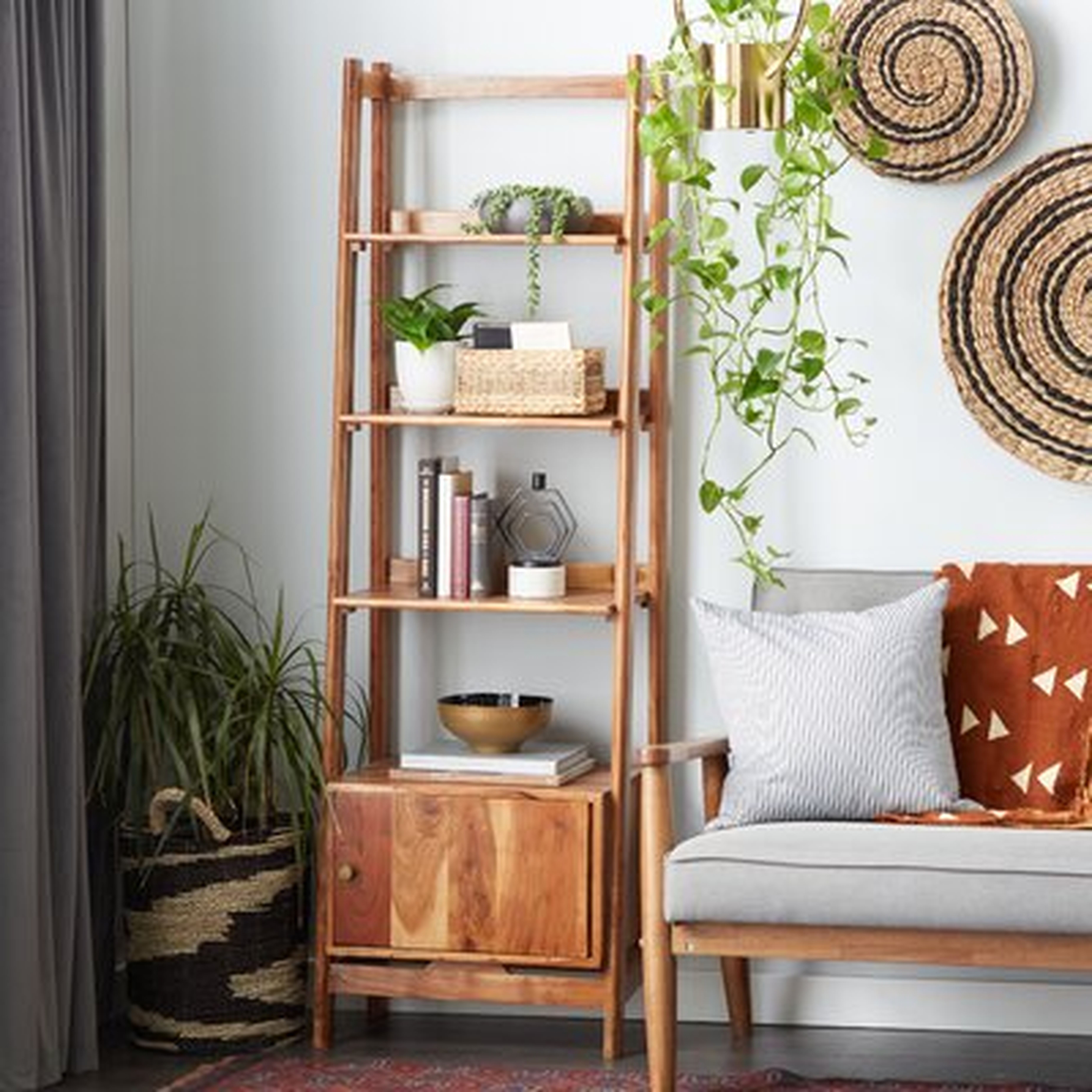 Tall Natural Brown Wooden Leaning Ladder Shelf W/ 4 Wooden Step Compartments, 21.5"X69" - Wayfair