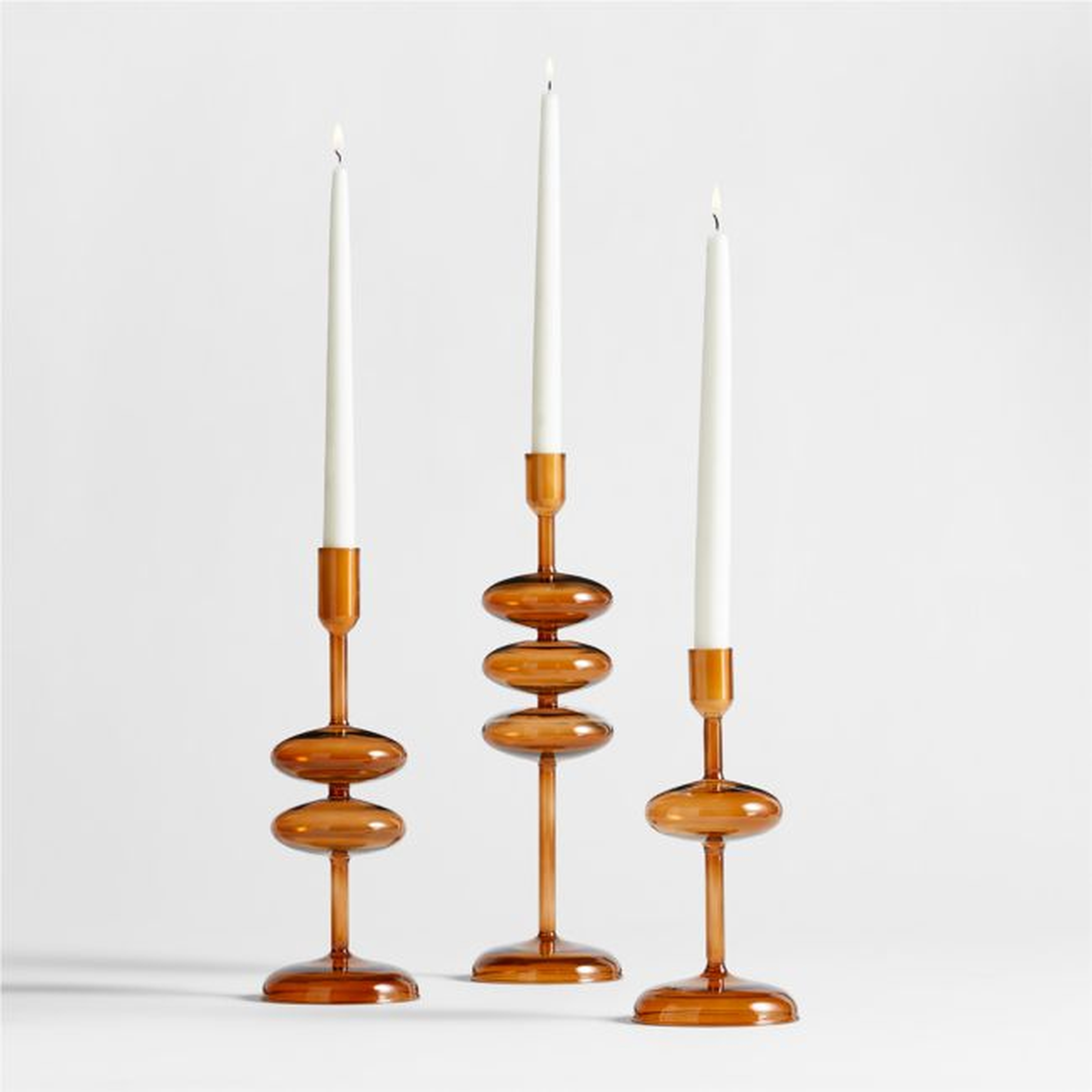 Venezia Amber Brown Glass Taper Candle Holders, Set of 3 - Crate and Barrel