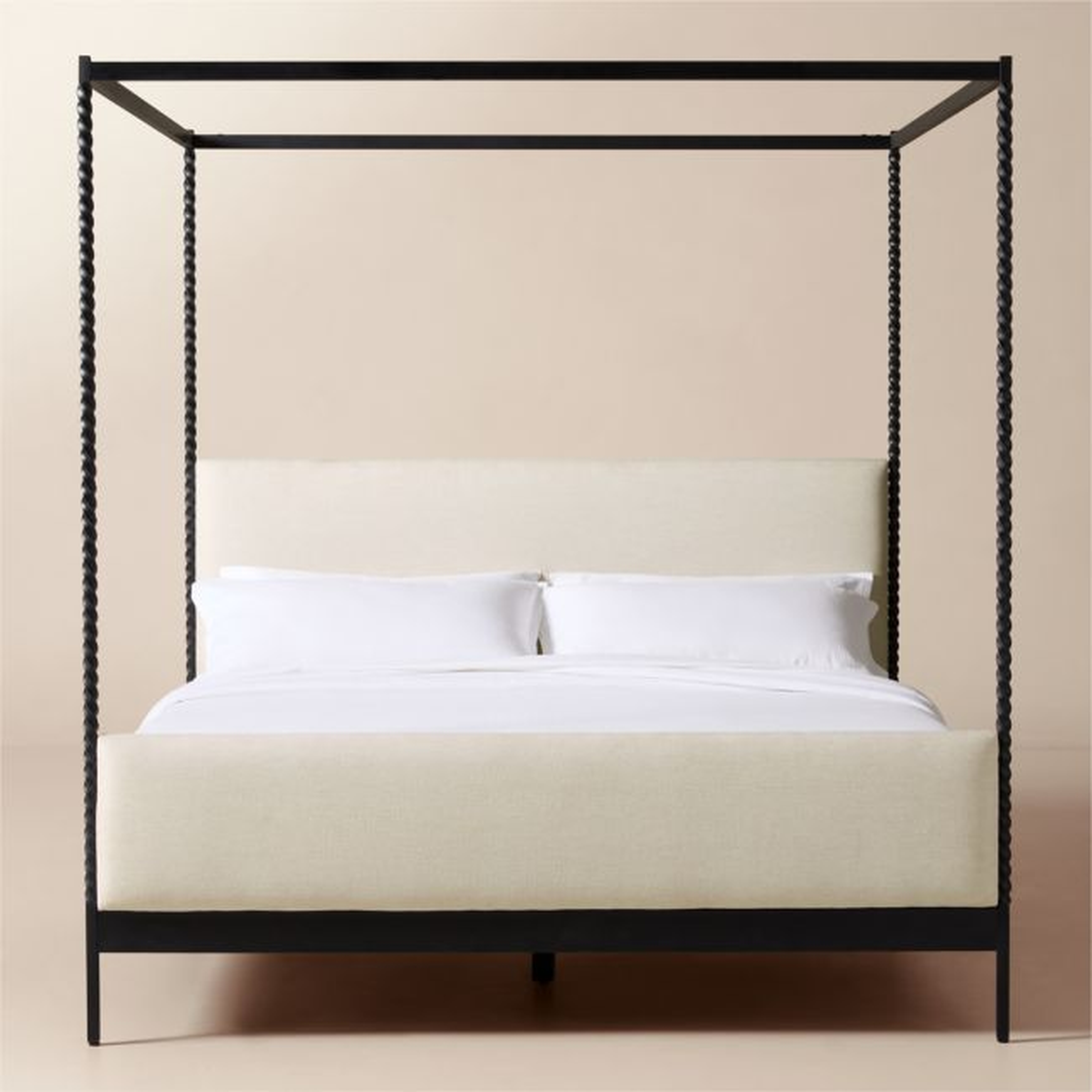 Amani Hand-Forged Steel Framed Warm White Upholstered Canopy King Bed - CB2