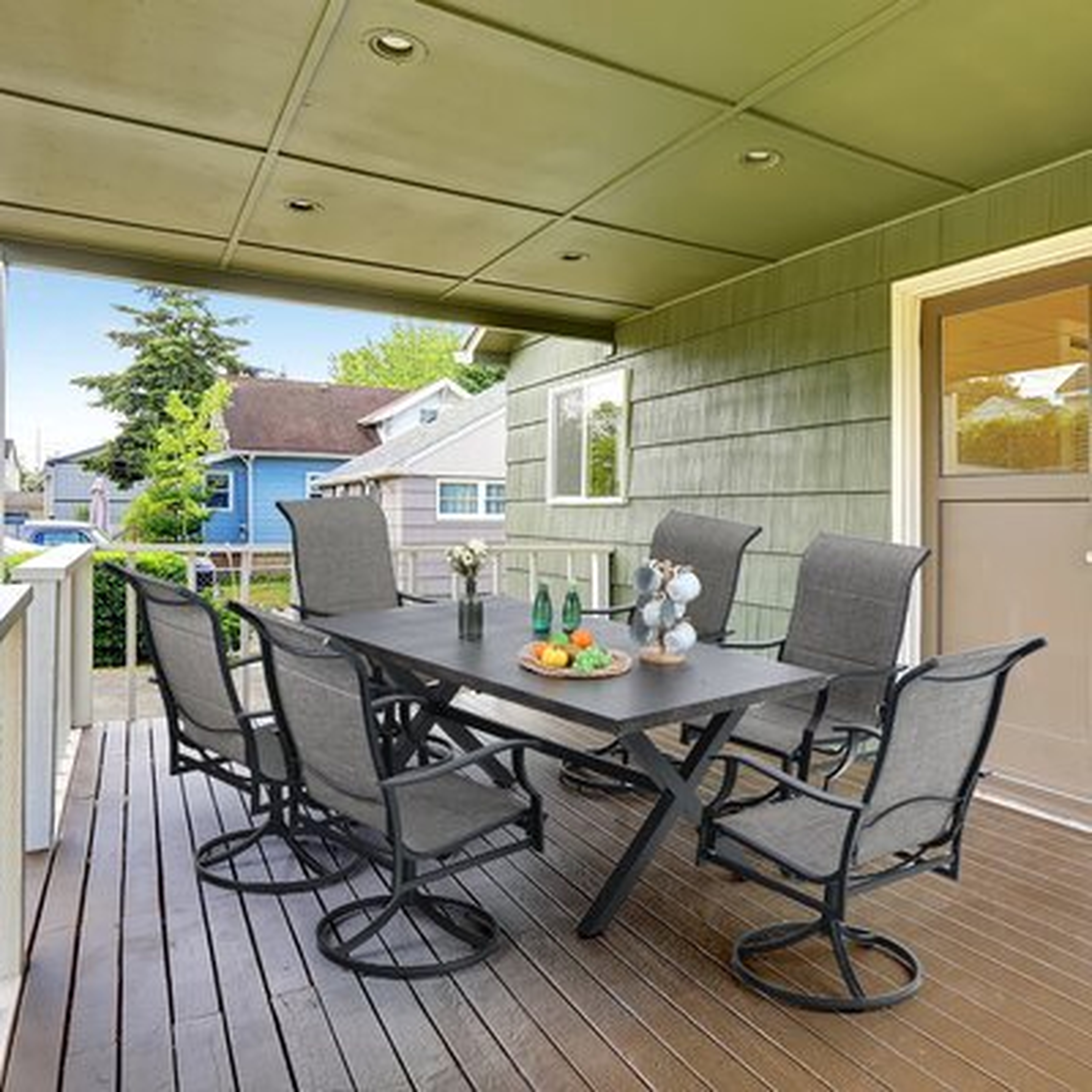 Wood Pattern Table & 6 Textilene Chairs With Wave Armrests 7-piece Patio Dining Set - Wayfair
