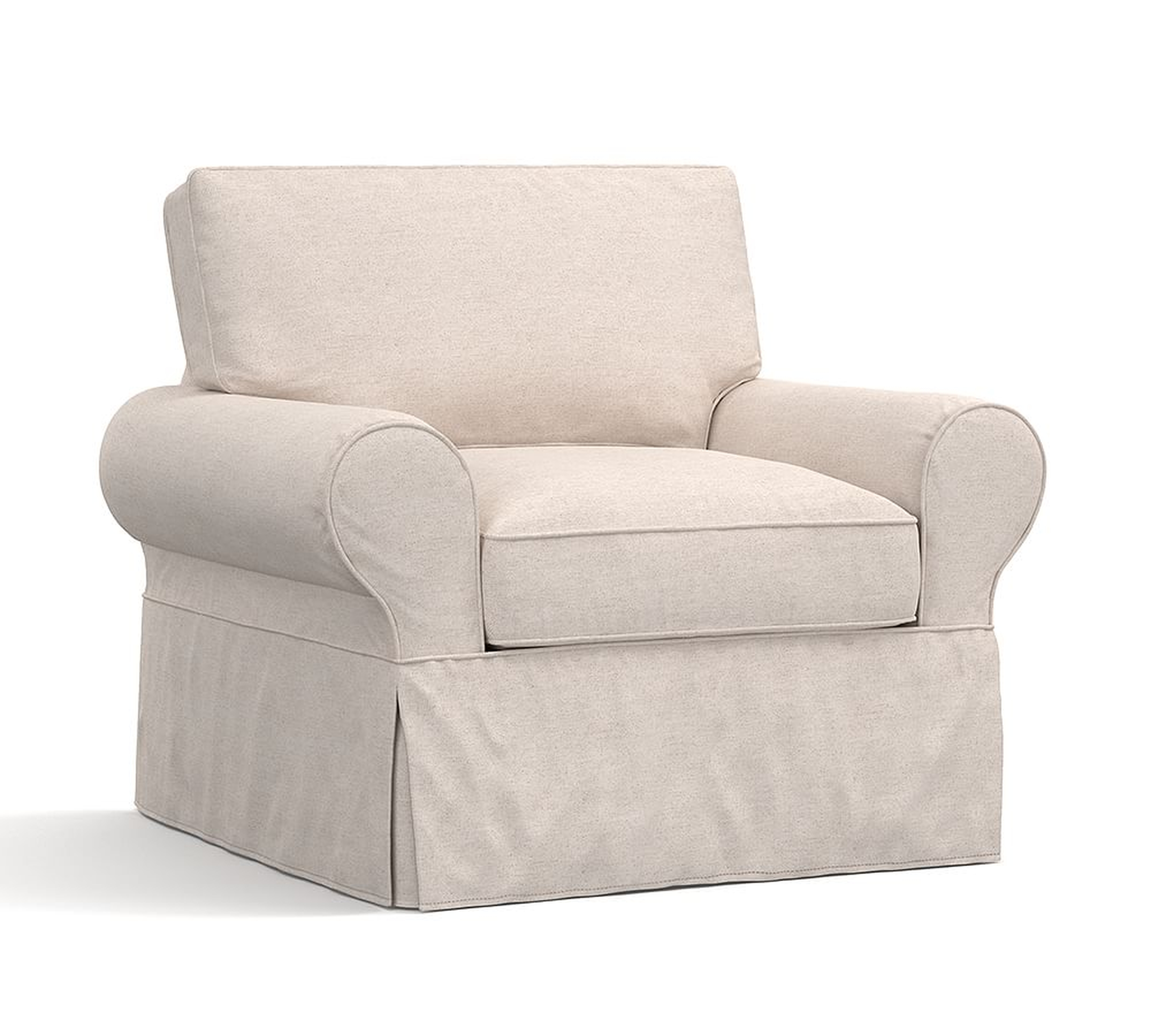 PB Basic Slipcovered Armchair, Polyester Wrapped Cushions, Jumbo Basketweave Pebble - Pottery Barn