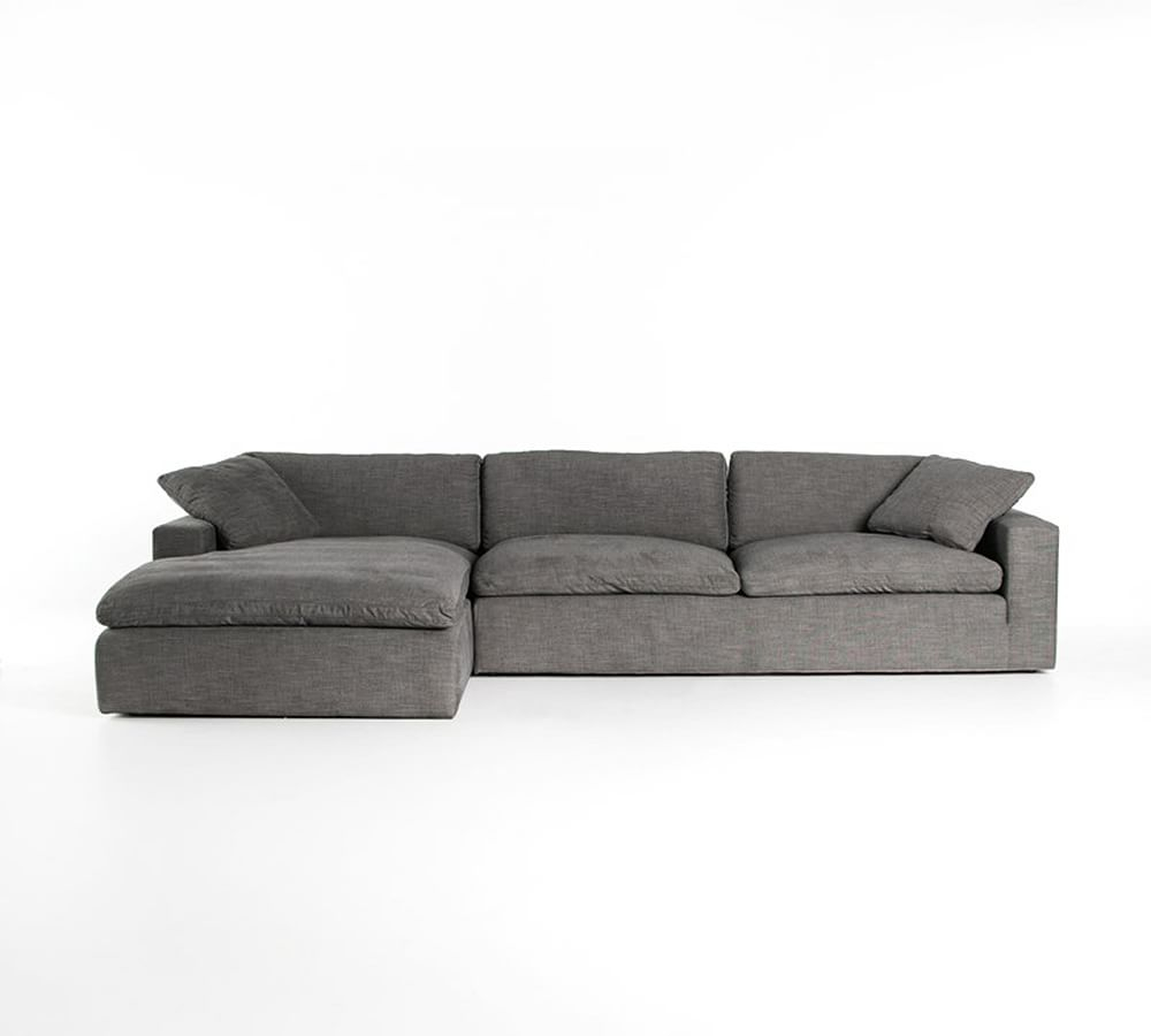 Milo Upholstered Right Arm Sofa with Chaise Sectional, Down Blend Wrapped Cushions, Park Weave Oatmeal - Pottery Barn