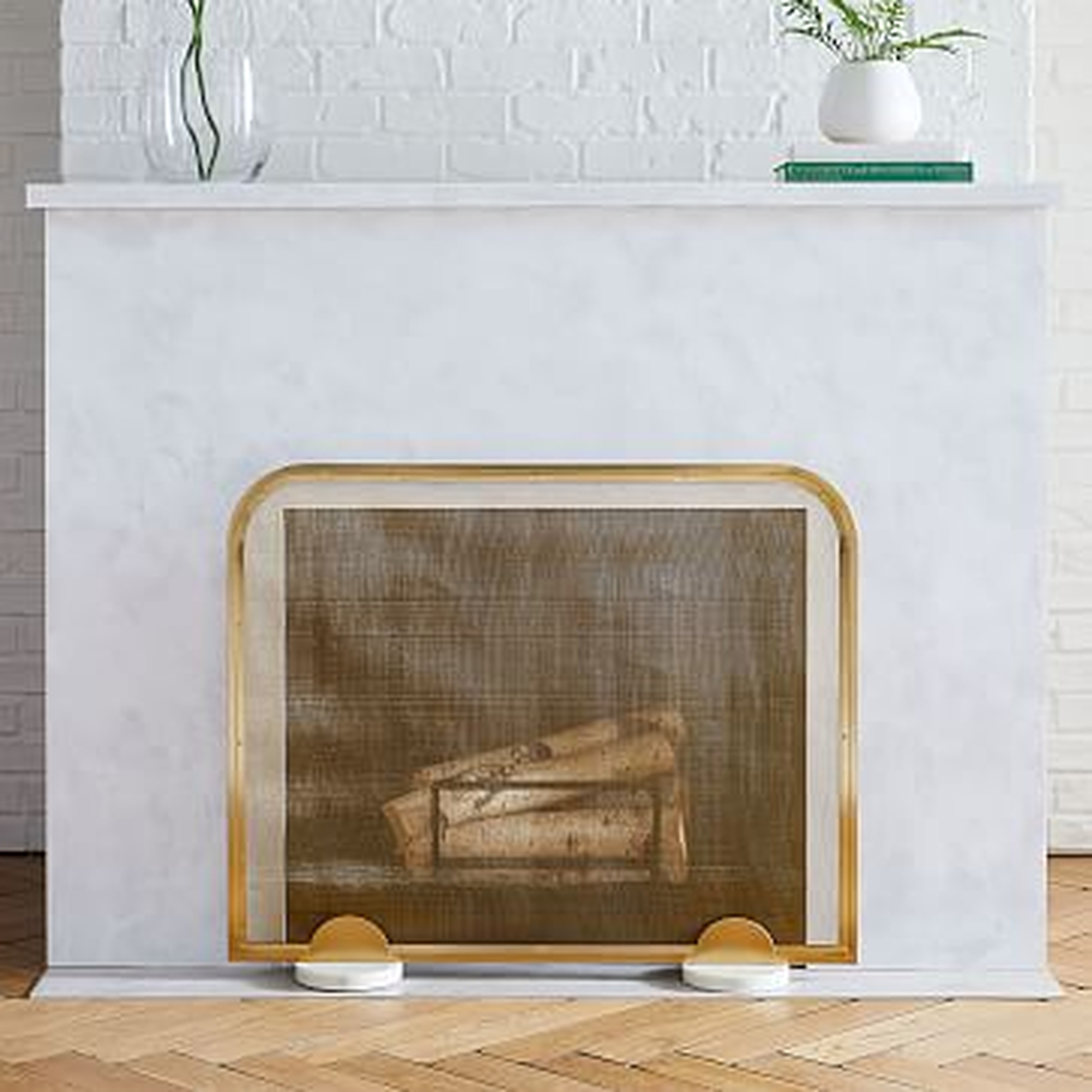 Deco Marble Fireplace Screen + Base Bom, Antique Brass + White Marble, Large - West Elm