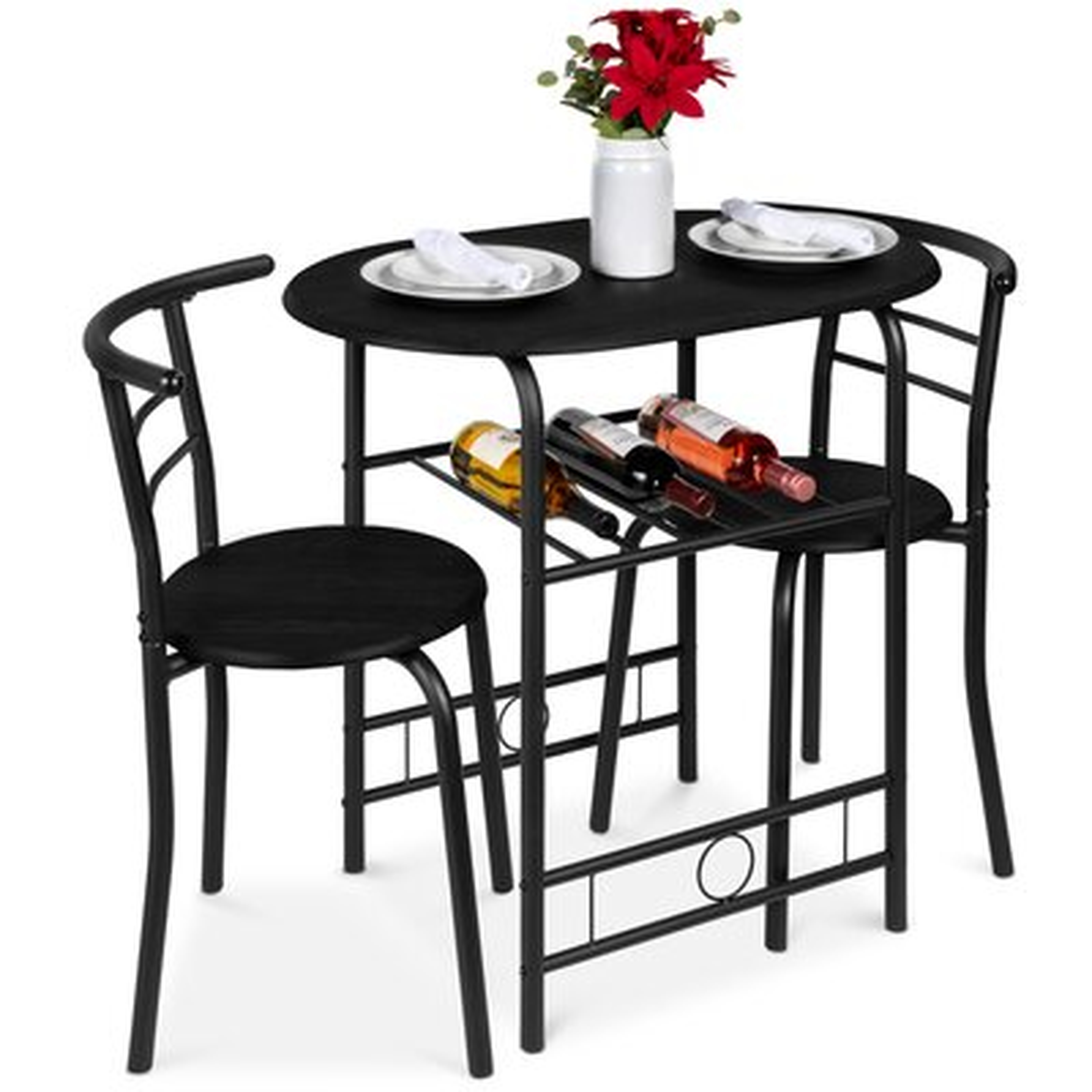 Ebern Designs 3-Piece Wood Dining Room Round Table & Chairs Set W/ Steel Frame, Built-In Wine Rack - Black/Silver - Wayfair
