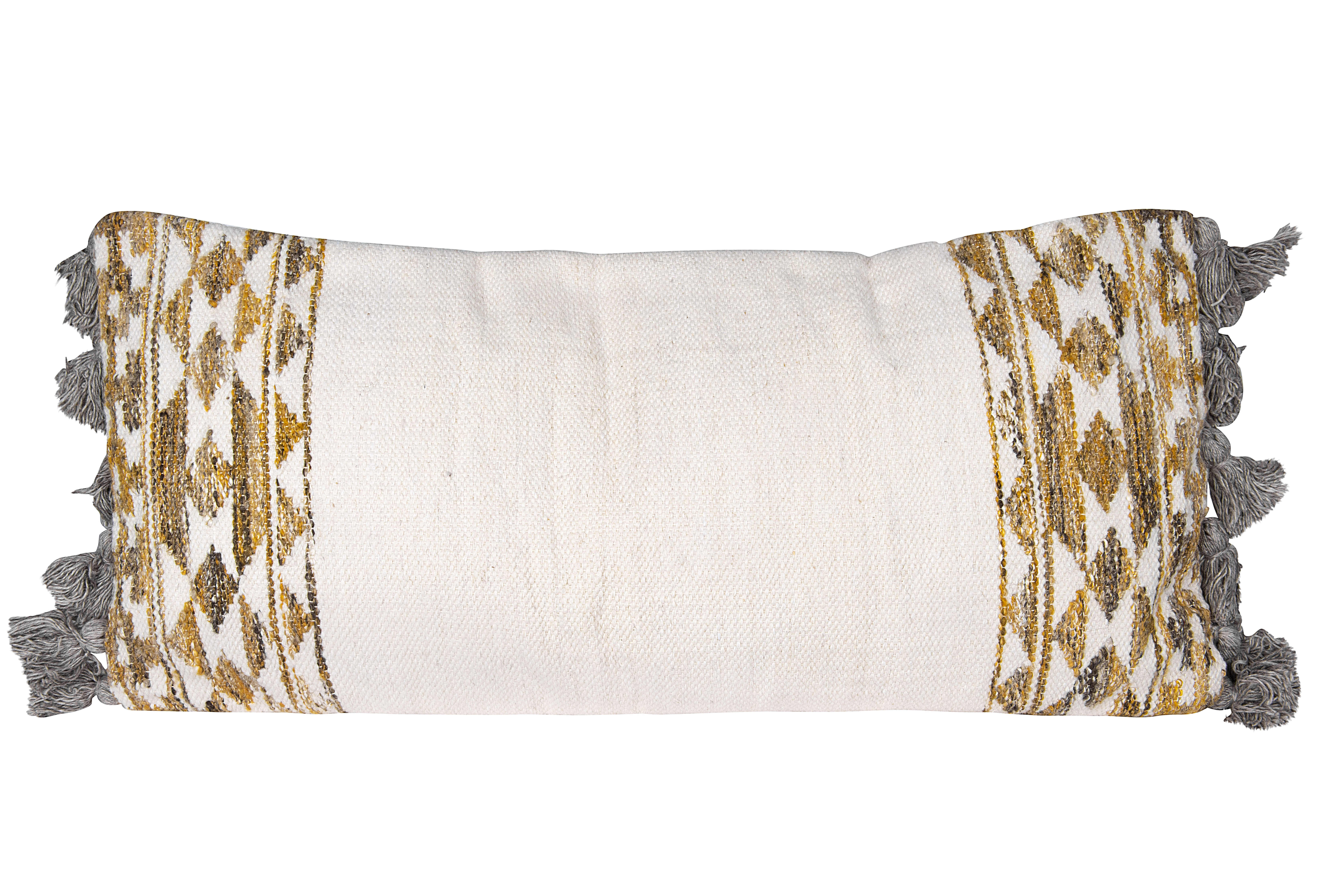 Rectangle White, Brown & Grey Handwoven Wool Kilim Pillow with Grey Tassels - Nomad Home