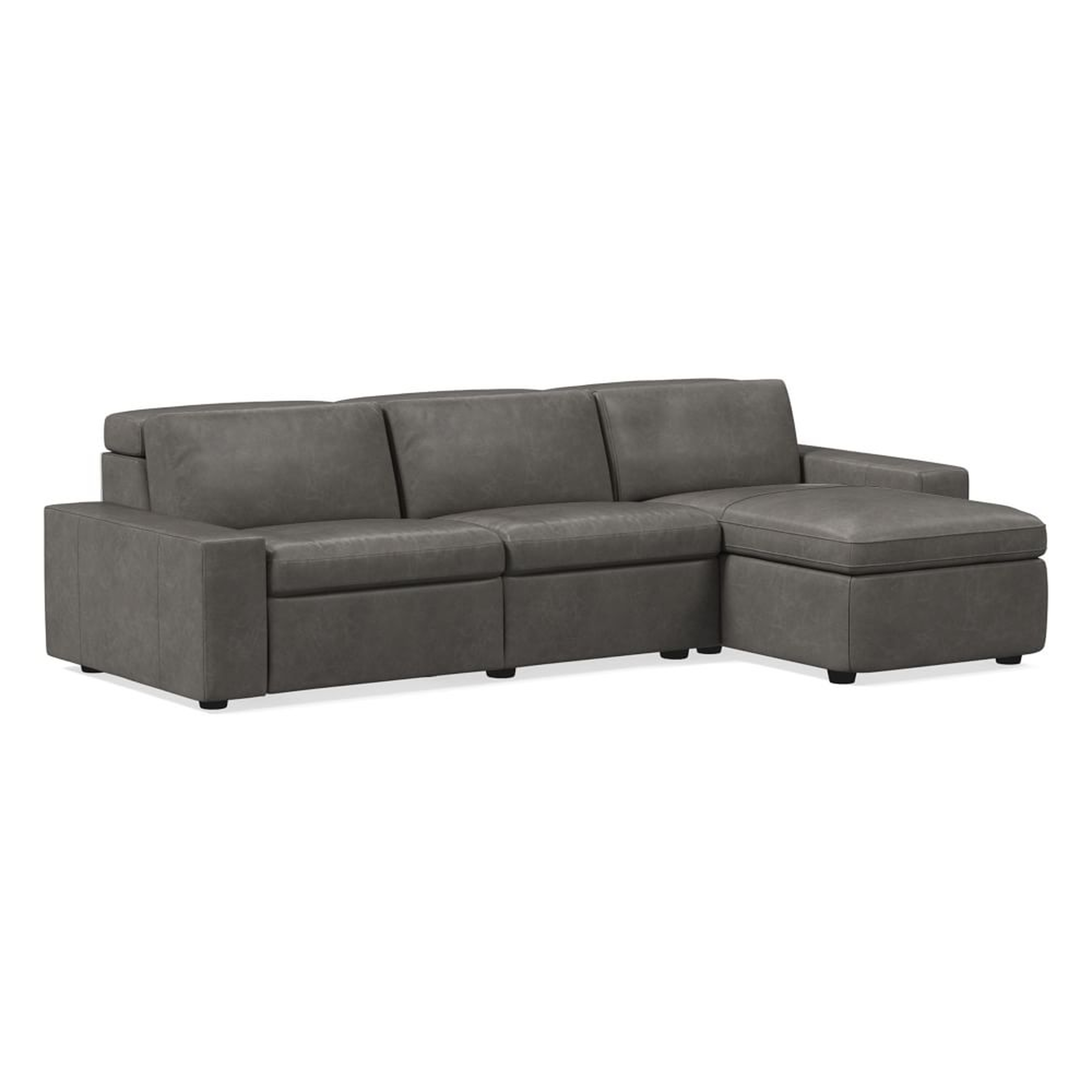Enzo 108" 3-Piece Reclining Chaise Sectional w/ Storage, Two Basic Arms, Ludlow Leather, Gray Smoke - West Elm