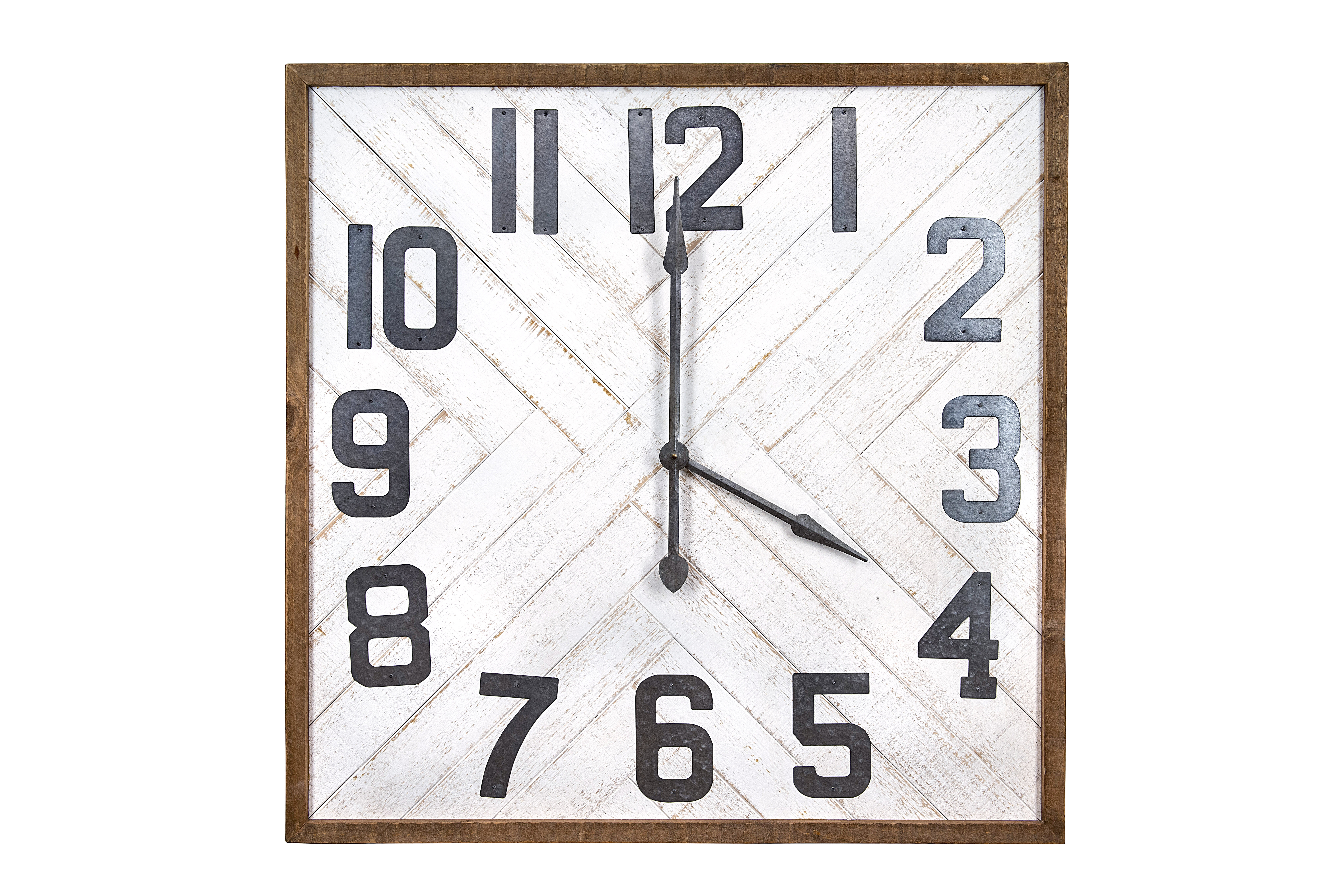 36" Square Herringbone Inlay Distressed White Wood Wall Clock - Nomad Home