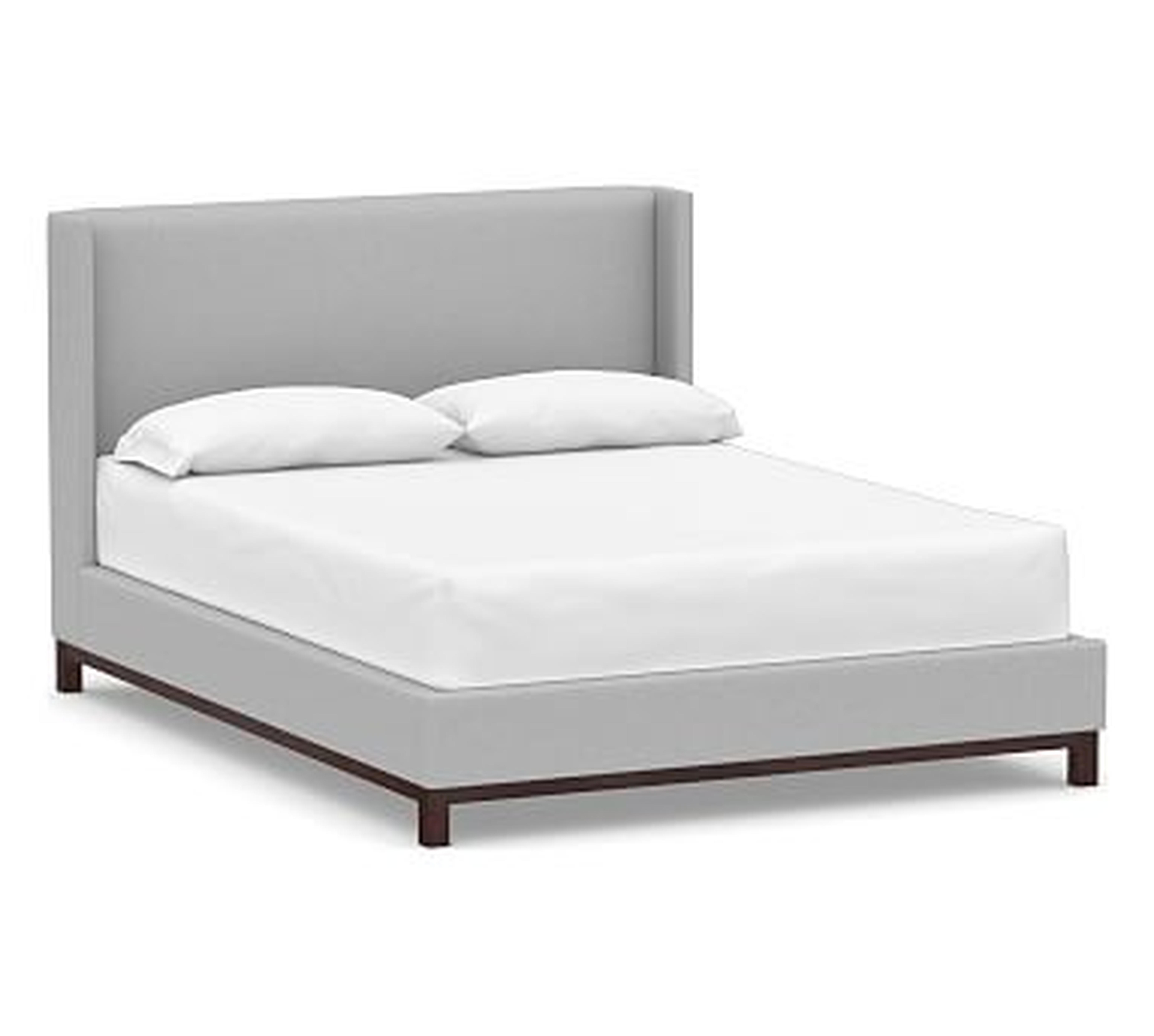 Jake Upholstered Bed with Mahogany Frame, King, Brushed Crossweave Light Gray - Pottery Barn