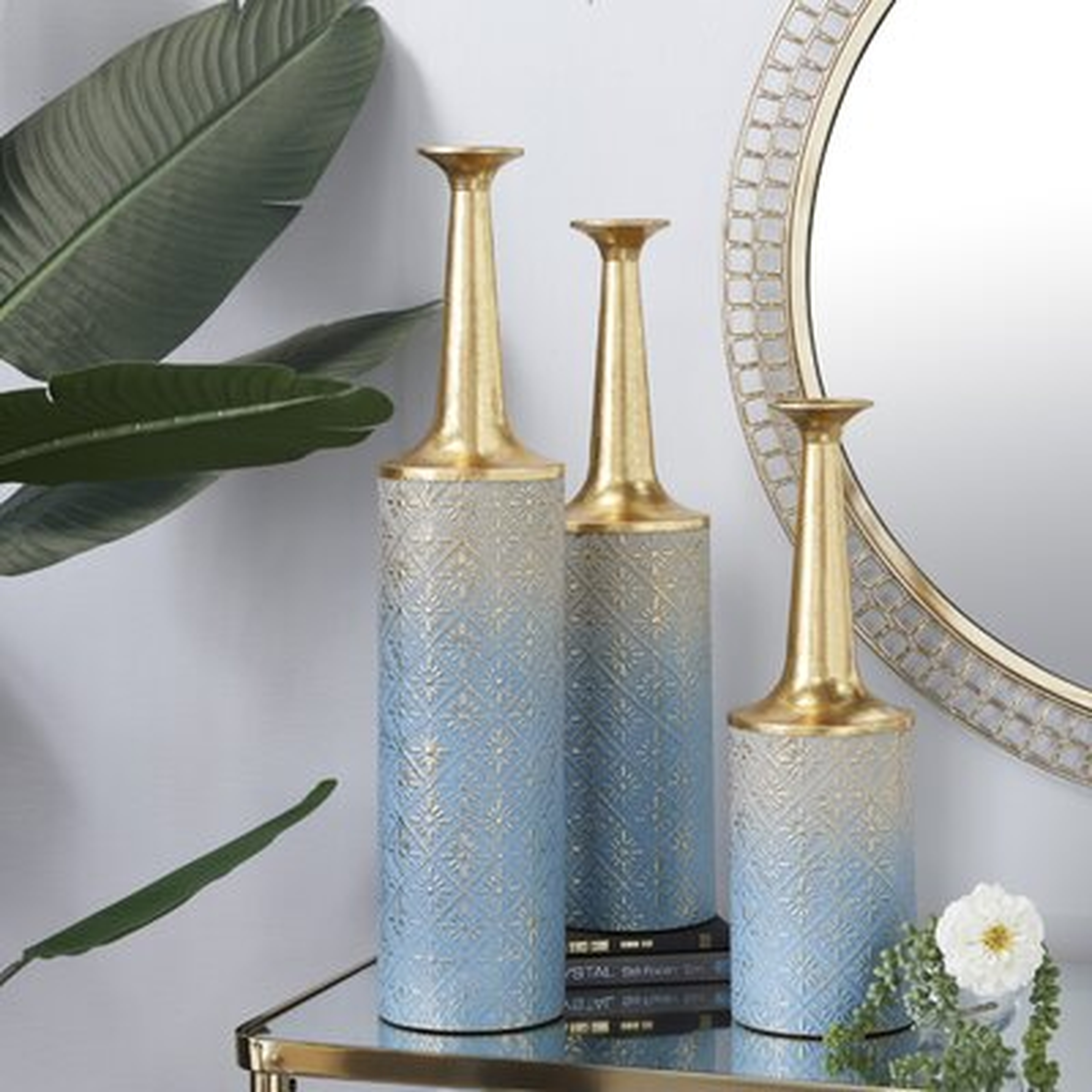3 Piece Stoltenberg Blue/Gold Wood Floor Vase Set - Wayfair